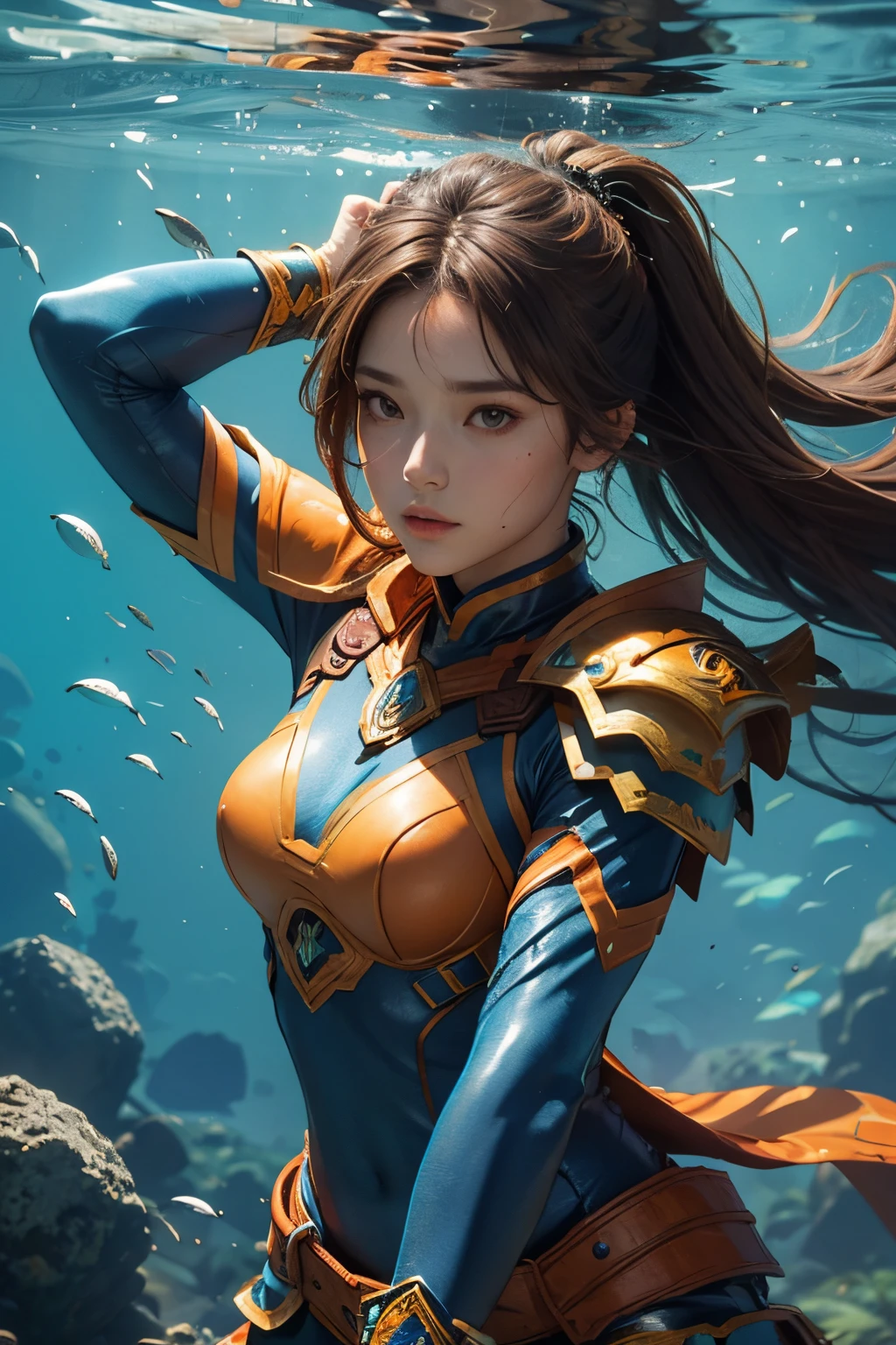 Female warrior underwater,brown hair,brown eye,blue costume,orange armor