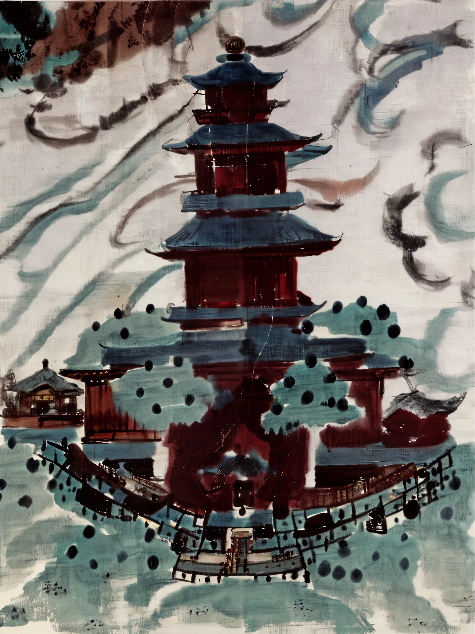 Close-up of shipbuilding in water, Inspired by Ito Wakaike, background depicting a temple, author:Central Plains South House, Inspired by Hishida Toshiso, ancient japanese painting, author:North Korea, Inspired by Ogata Moonlight, Ancient Chinese pagodas