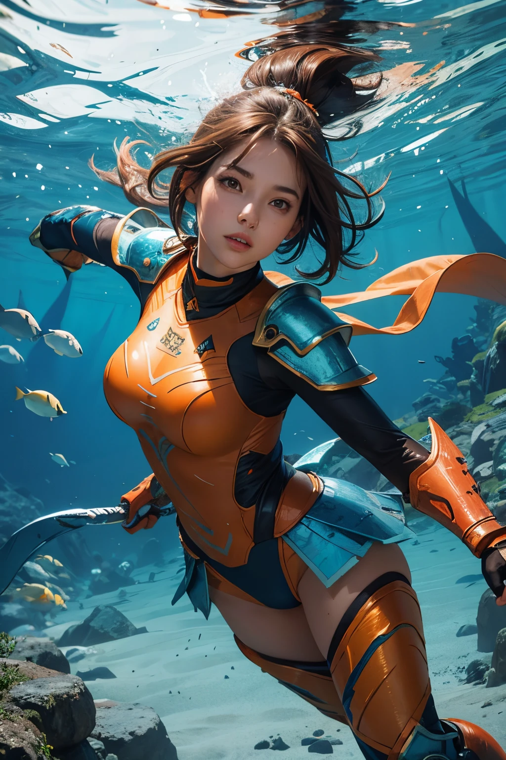 Female warrior underwater,brown hair,brown eye,blue costume,orange armor