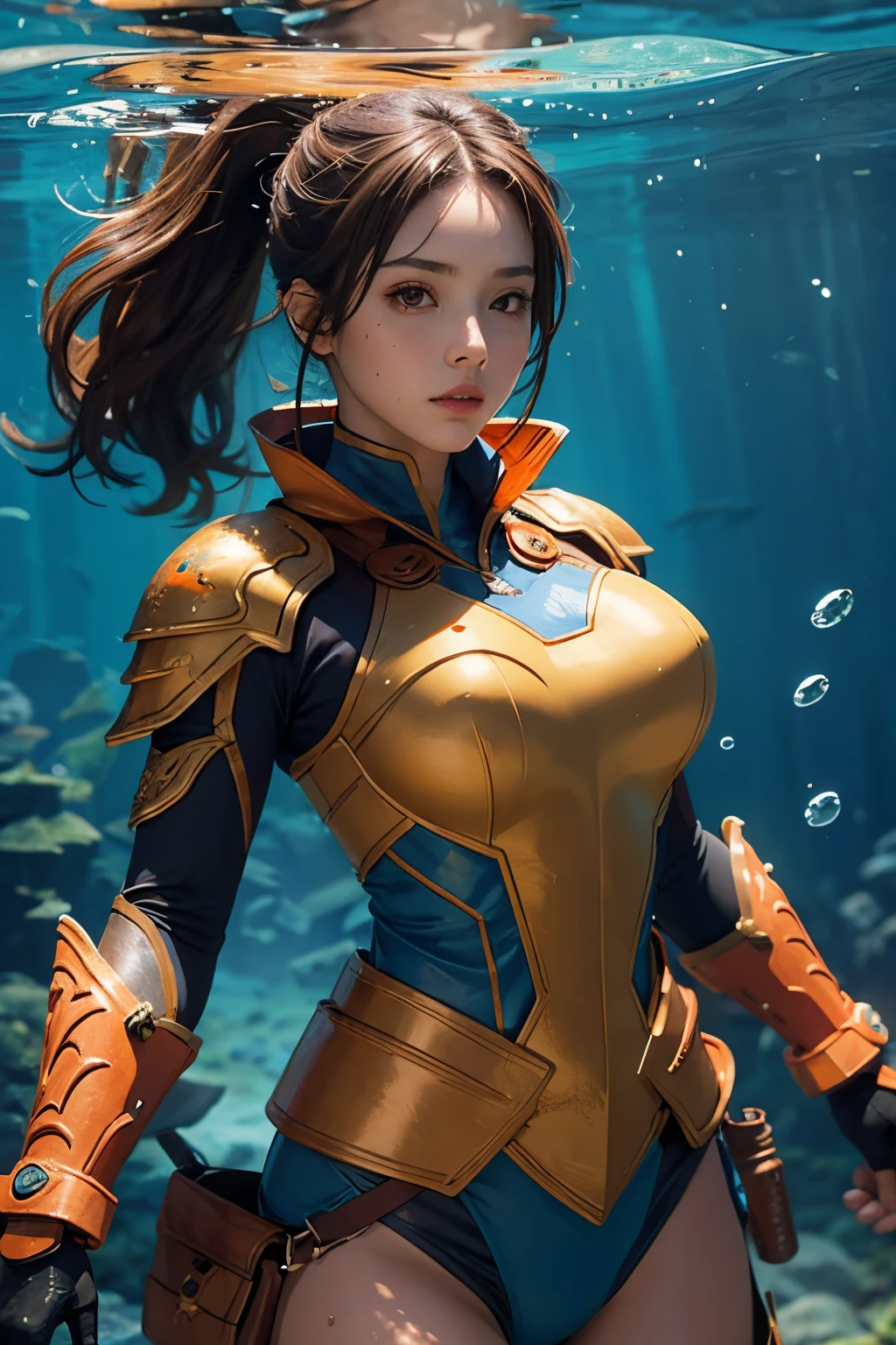 Female warrior underwater,brown hair,brown eye,blue costume,orange armor