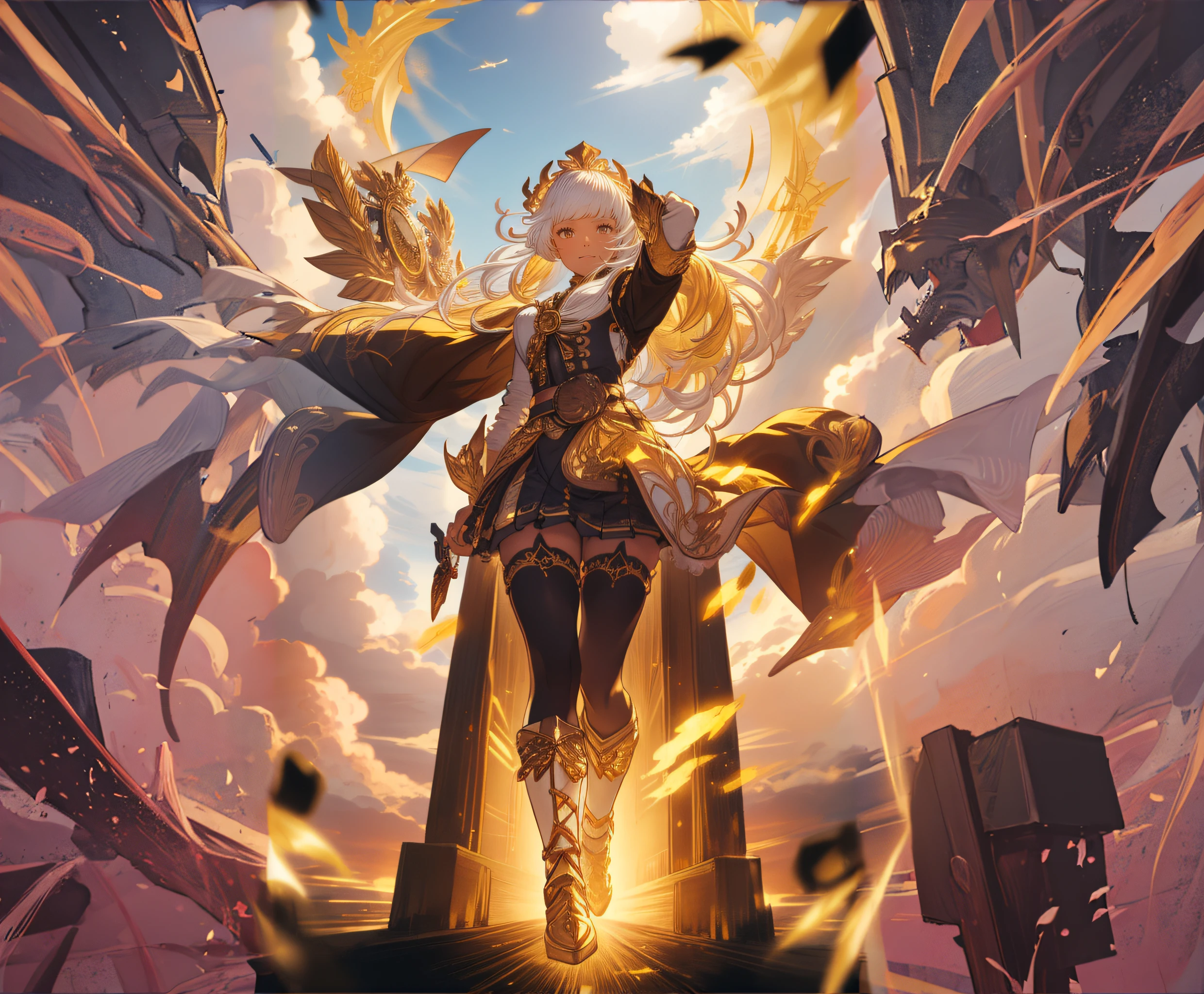 (looking at pov) highly detailed face, realistic face, golden katana, (oversized clothes:1.2), miniskirt, (dark coat with ornate golden embroidery, golden embellished), (white hair, golden streaks on hair), yellow eyes, thigh strap, (neo city), (clouds), add_detail:1, hair over one eye, largest_breasts!!, (ultra-detailed), hyper details, (intricate details), (cinematic light, best quality Backlights), from pov, perfect body, ), (crown: 1.1), Proud, high contrast, (best illumination, an extremely calm and beautiful),, brown skin, Daylight, 1girl, gold skin, jujutsu kaisen style, (masterpiece), best quality
