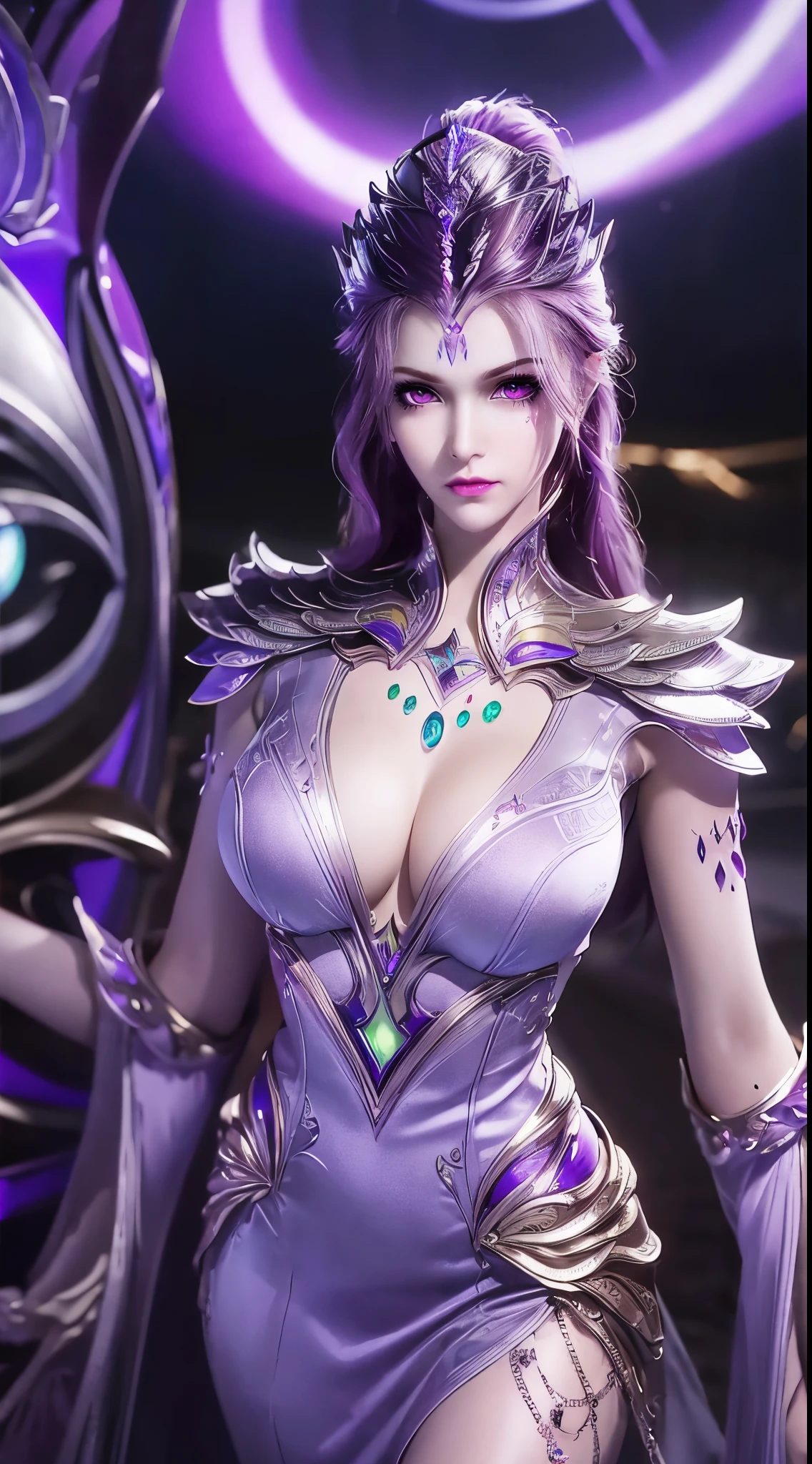 1 Sexy goddess wearing sexy purple armor, Armor with many intricate and elaborate patterns, thin armor, deep slit shirt, Long, silky purple hair, Wearing a purple and silver spear cap, The most beautiful、The most delicate hair accessories, Pretty little face with thin eyebrows, The most beautiful、Spotless face, ((black iris:0.8)), verybeautifuleyes, big and round eyes, ((Deep purple eyes:1.1)), Exquisite makeup eyelashes, a tall nose, Wear earrings, small red lips, rosy face, Clean face, Beautiful face without blemishes, smooth fair skin, ((Large breasts: 0.9)), Blooms, ((Large, round chest:0.9)), ((super tight breasts:1.2)), ((breast enhancement: 0.8)), beautiful boobs, Slim petite body, ((big breasts thin waist: 0.9)), Upper body of a beautiful girl, Hot and sexy petite body, Sexy girl, a skirt, 8k photograph, hyper qualit, hyper realisitc, 10x super pixels, photograph realistic, dark studio, Bezel light, Two-color light, (Detail skin high: 1.2), 8k ultra high definition, SLR camera, softlighting, high qulity, volumettic light, Frankness, photore, A high resolution, optic, The best photos, 4k画质, 8K, bokeh, Smooth and sharp, Pixels increased 10 times, (background space: 1.8), (galaxias: 1.7), extreme light, salama, Super graphics, The most realistic graphics,(Aurorabackground: 1.8), Alone, Alone, Portrait 9:16, Extremely sharp, surreal image,