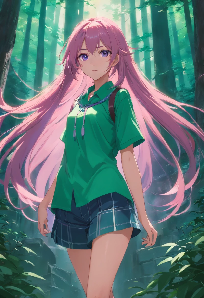 purpleeyes,Pink Long Hair,magia,the dark forest,Green clothes,The legs look good, ultra real photo, Evil Castle,hair adornments,Pointy-eared