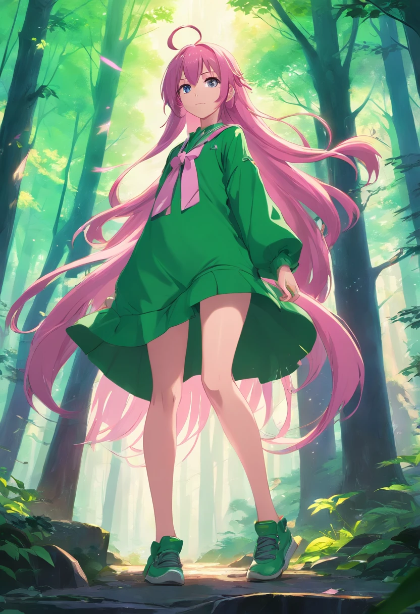 purpleeyes,Pink Long Hair,magia,the dark forest,Green clothes,The legs look good, ultra real photo, Evil Castle,hair adornments,Pointy-eared