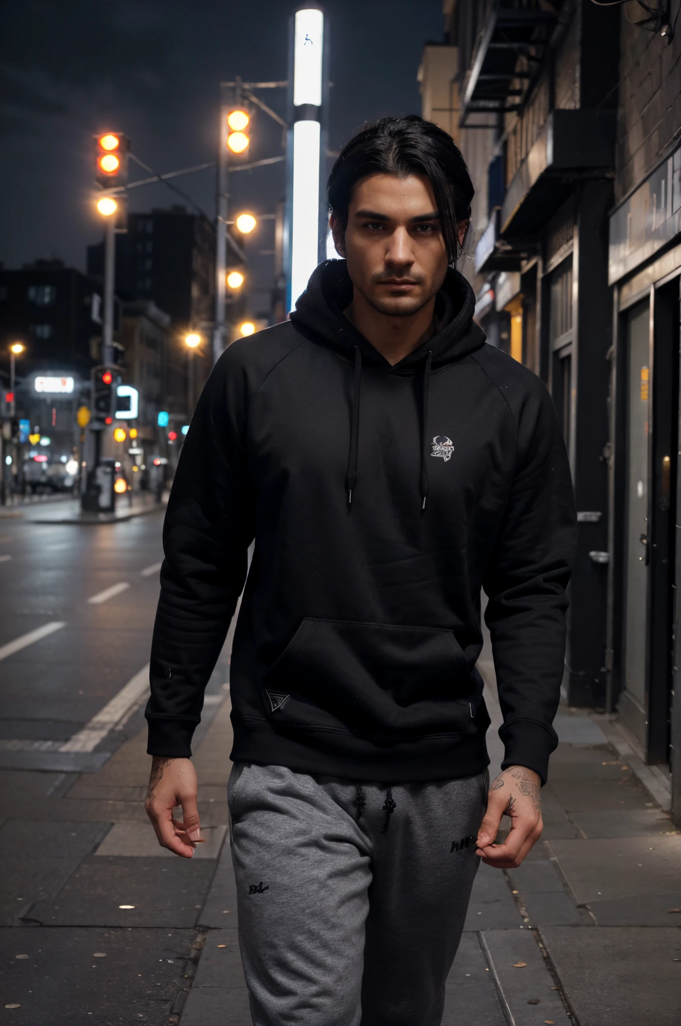 (a man with black sleeved hair,beautiful,detailed eyes and face,high-res,professional,ultra-detailed,realistic), (walking through the city:1.2,at night:1.1), (wearing black hoodie), (Men's grey Jersey Joggers), (urban,street,nightlife),without tatoos, without fingers anomaly
