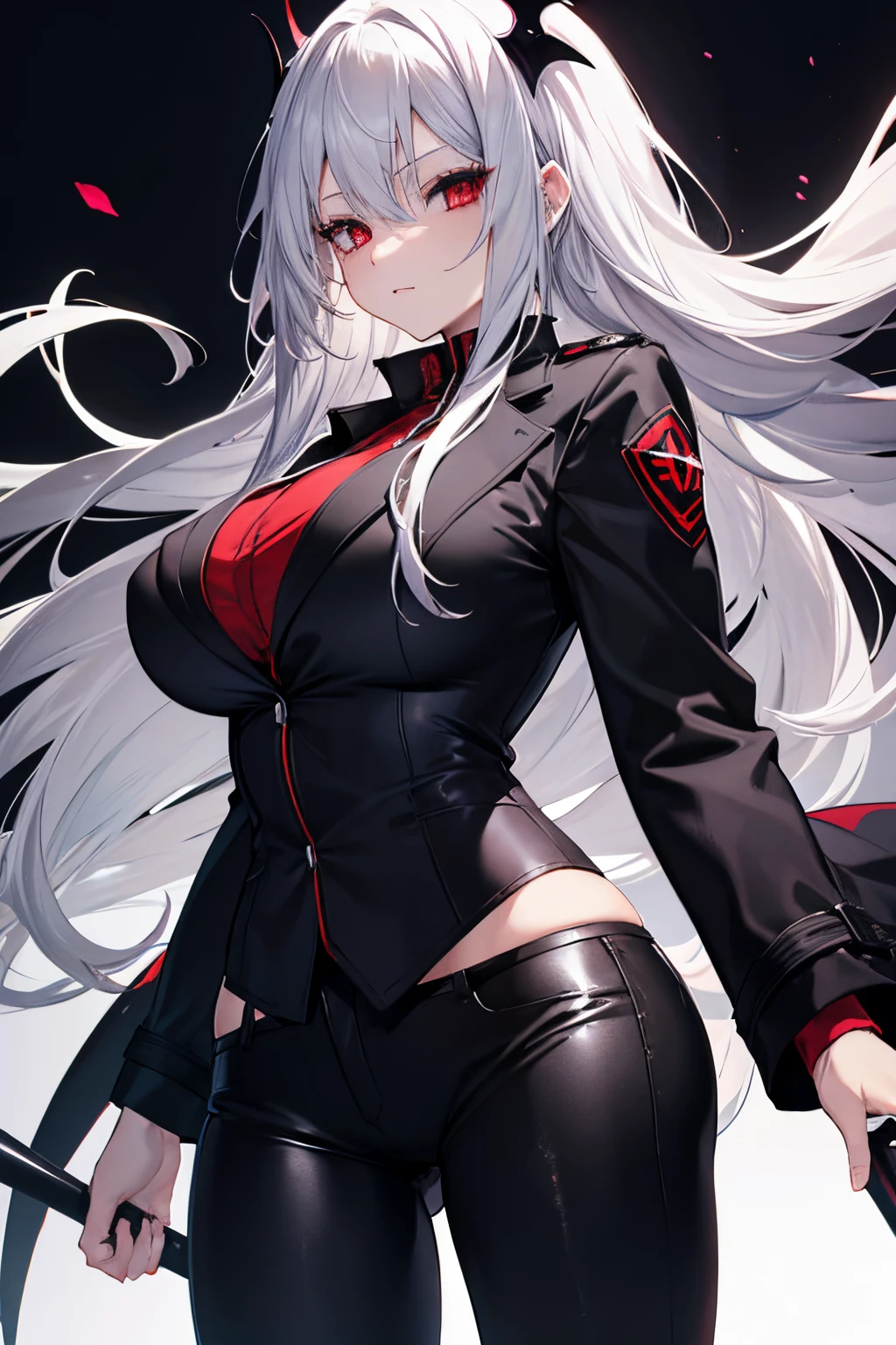 1 girl, silver hair, red eyes, vampire type, adult, black pants, black jacket, big breasts, tight pants