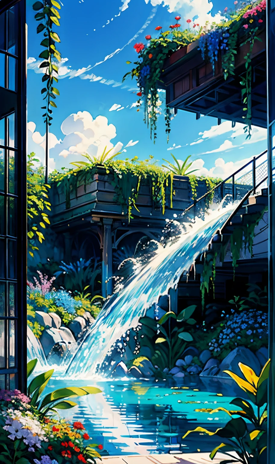 Wallpaper, fantasy hanging garden, blue sky, floating flower sea, colorful flowers. Crystal fountain, HD detail, hyper-detail, cinematic, surrealism, soft light, deep field focus bokeh, ray tracing, diffuse (ultra-fine glass reflections), and hyperrealism. --v 6