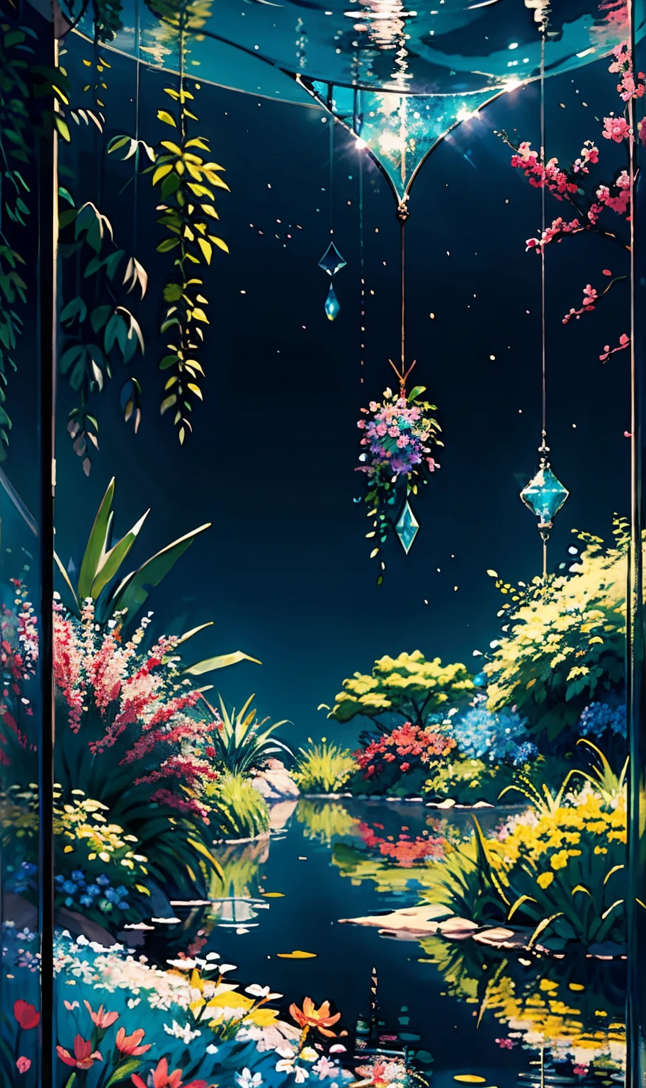 Wallpaper, fantasy hanging garden, blue sky, floating flower sea, colorful flowers. Crystal fountain, HD detail, hyper-detail, cinematic, surrealism, soft light, deep field focus bokeh, ray tracing, diffuse (ultra-fine glass reflections), and hyperrealism. --v 6