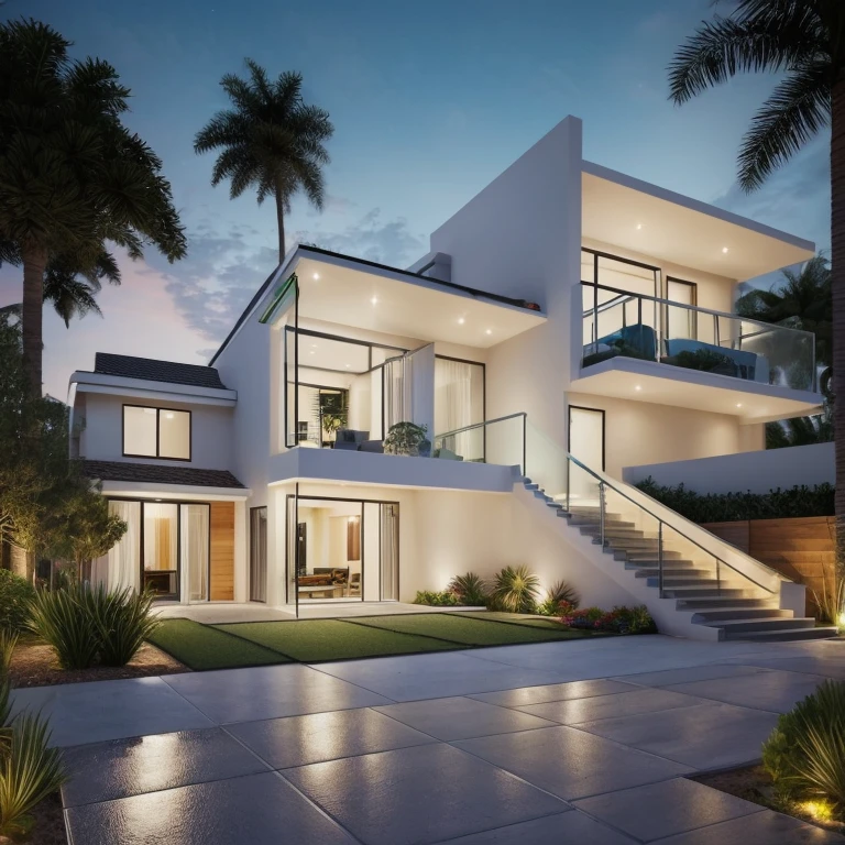 Ultra-realistic 8k, hd image quality, sharp detail, 2-story modern house, main materials: white walls, wooden ceiling accents, large glass windows, roads, cars, sidewalks, American Palm trees high, has a small alley, located in a residential area, modern style, shimmering sky, sunset light, feels peaceful, beautiful, close and warm, ((Warm light from indoor:1.3)), (daylight:1.2), perfect lighting,dynamic light,2 large glass doors,((1 large glass window:1.3)), (night light), (colorful flowers in front of the house)