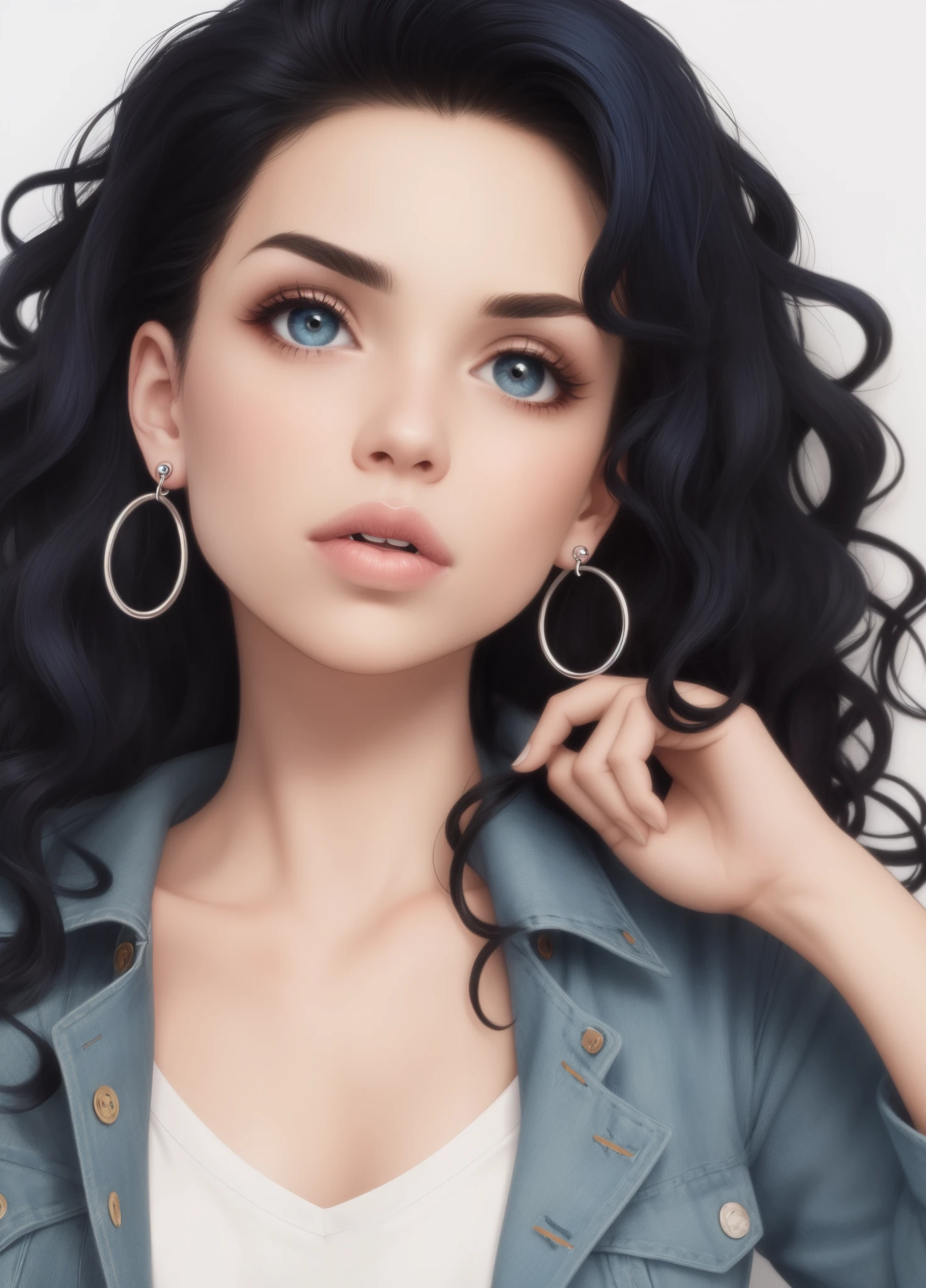 in the boondocks style, a white girl with short, wavy, black hair that has a big streak of dark blue in the front. the girl has brown eyes and a septum piercing, an eyebrow piercing, and two nostril piercings