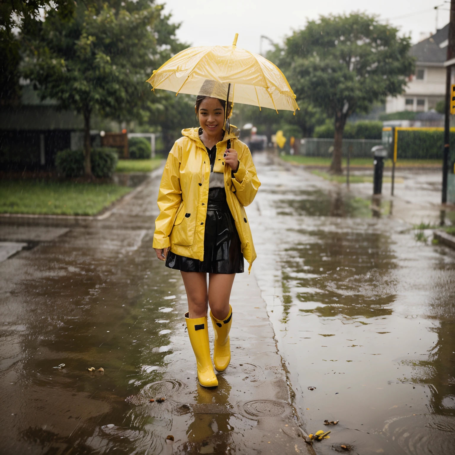 A cute duck with yellow rain boots and yellow rain coat, and it’s waddling cutely in the rain