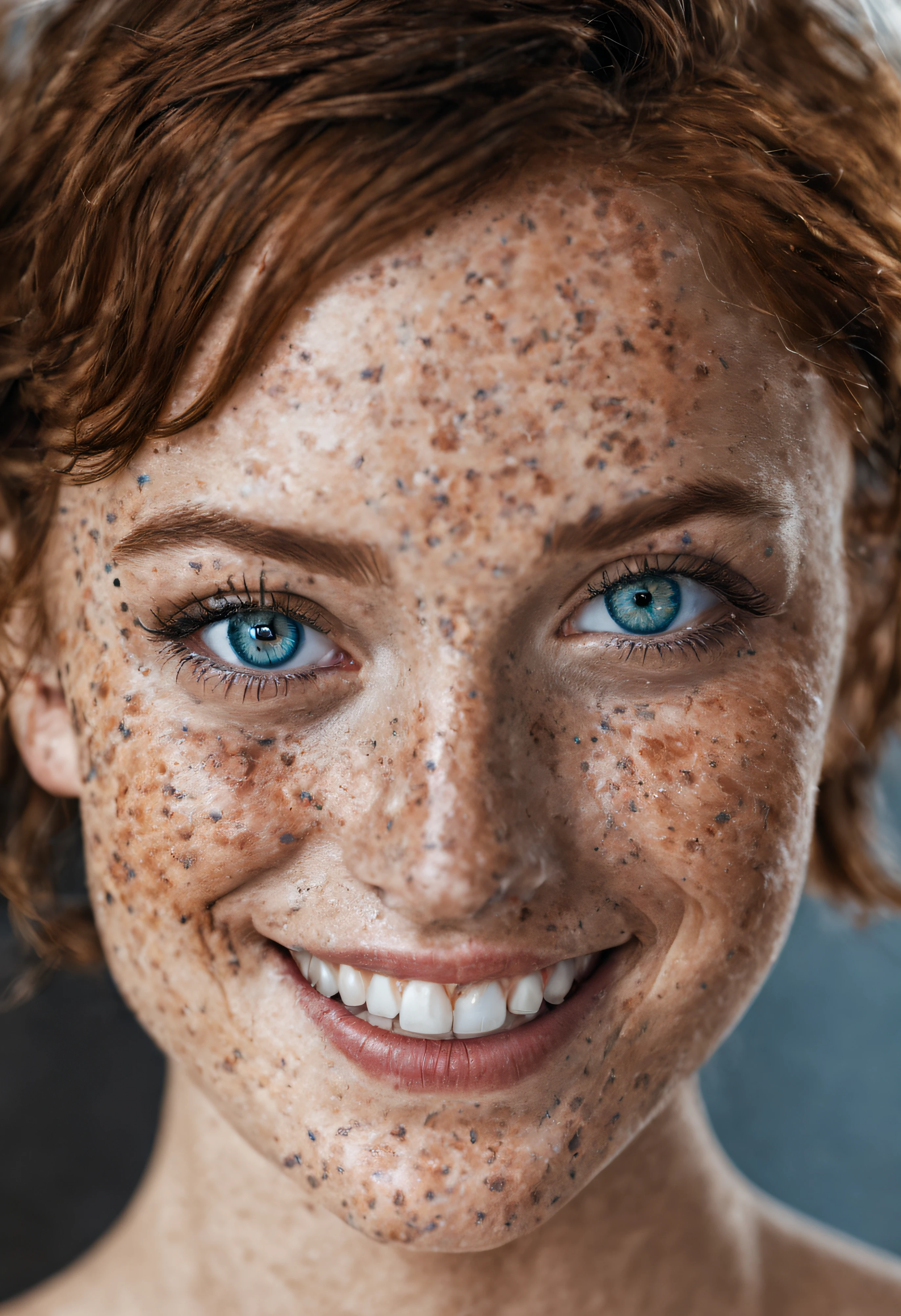 beautiful lady, (freckles), big smile, blue eyes, buzzcut hair, dark makeup, hyperdetailed photography, soft light, head and shoulders portrait, cover, beautiful photo