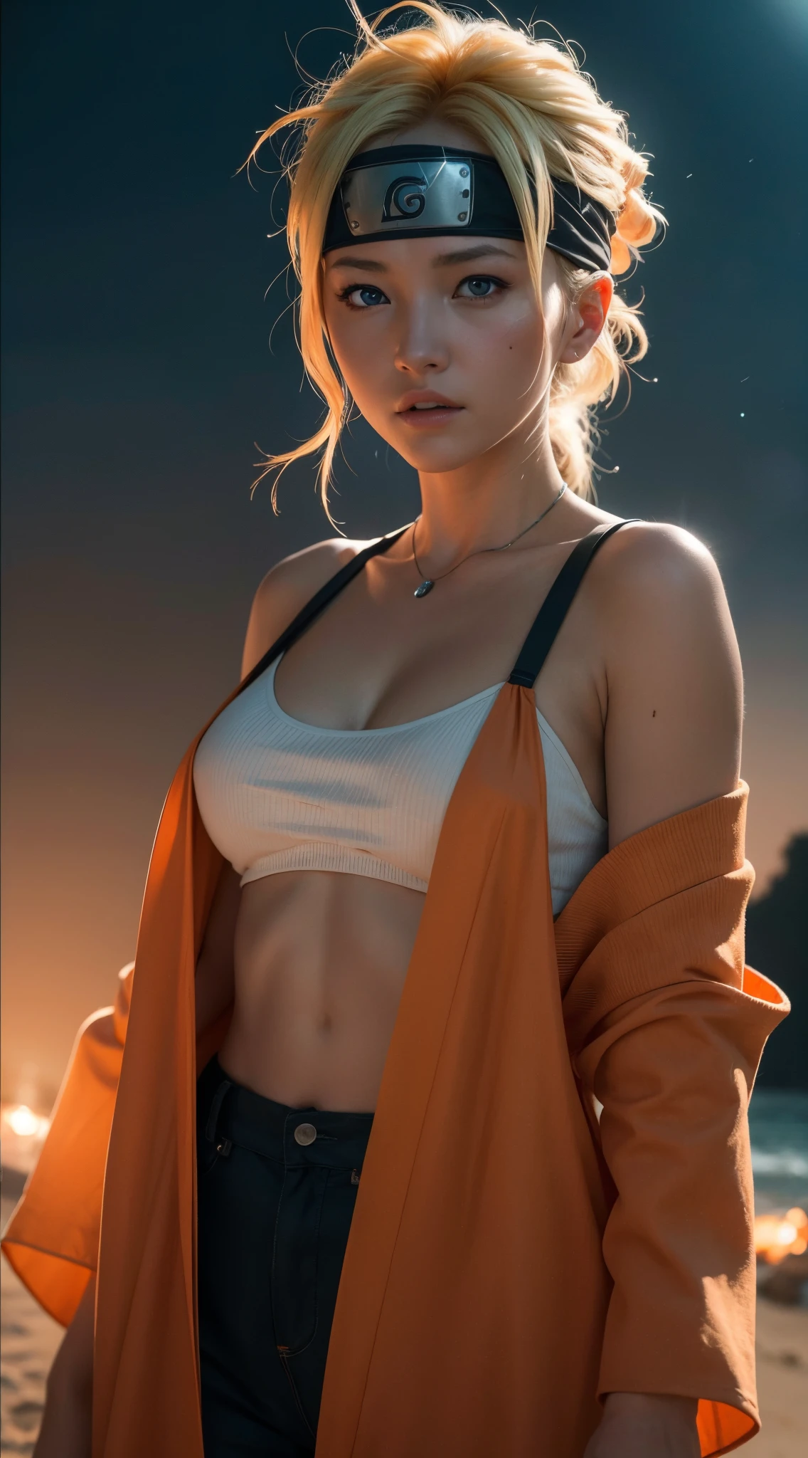 Uchiha Uzumaki Naruto super realistic，detail-rich，super short blonde，（Off-the-shoulder attire：1.3），orange clothes，forehead，one-girl，Large breasts，LOP，face flushed，Best quality at best，tmasterpiece, Johnny Depp walks across the beach amid fireflies at night，lock focus, contrasty lighting, delicate skin, High resolution 8K, insanely details, realistically, professional photoshooting, 8k ultra high definition, SLR camera, gentlesoftlighting, high high quality, filmgrain, 富士XT3，close your mouth，particle effect