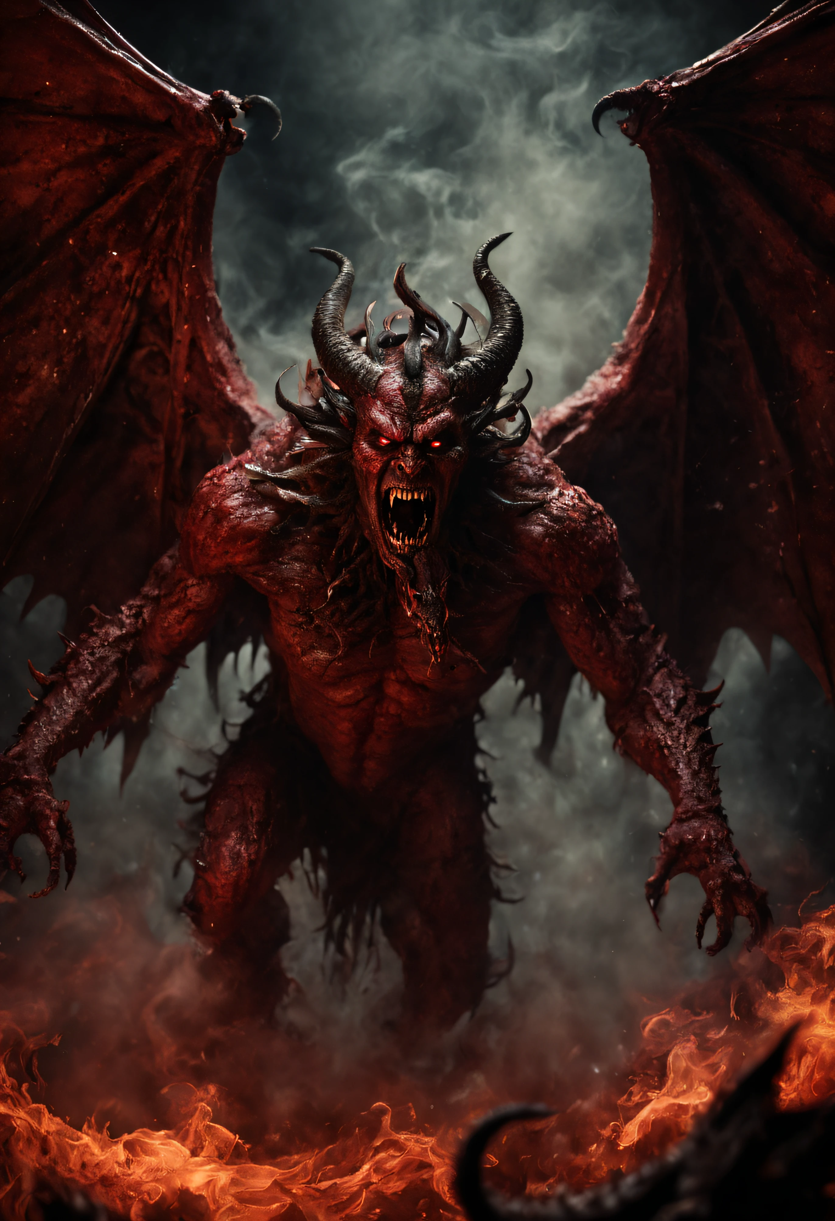 Horror-themed cinematic film still,a horrifying red-skinned male demon king, (full body portrait:1.3), (detailed monstrous evil face:1.4), screaming, wide spread bat like wings, (detailed scaly skin texture:1.2), long curved horns, (in hell, swirling tormented souls, billowing smoke:1.5), black spiky armor,, shallow depth of field, vignette, highly detailed, high budget, bokeh, cinemascope, moody, epic, gorgeous, film grain, grainy . Eerie, unsettling, dark, spooky, suspenseful, grim, highly detailed