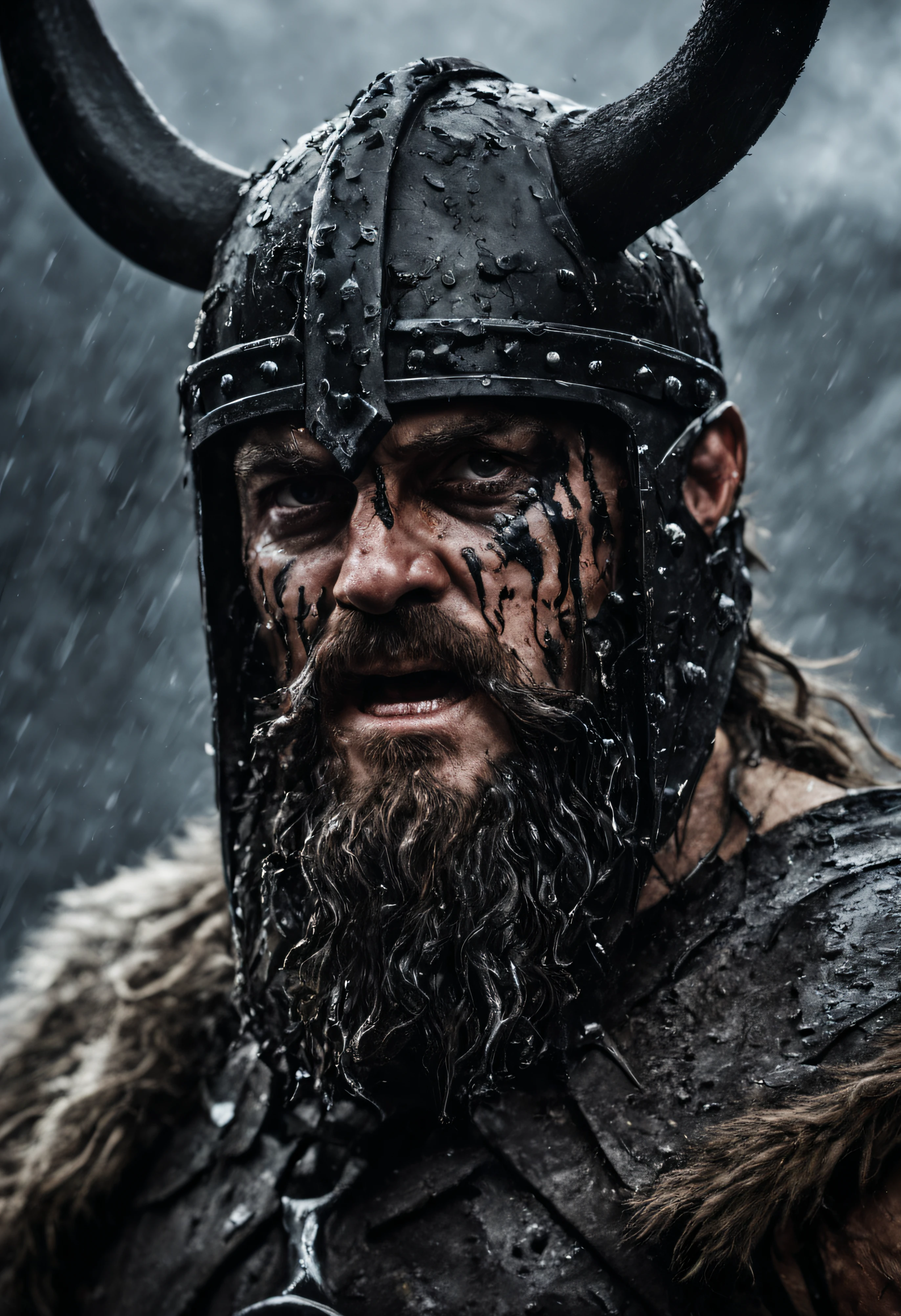 A close-up shot of a fierce Viking King, covered in dripping wet black mud, wearing a dark metal helmet with imposing black horns. His dark warpaint and scruffy black beard emphasize his angry expression, while a scar on his face tells a story of battles fought. The scene is bathed in cinematic lighting with dramatic volumetric rays, creating a moody and intense atmosphere. The Viking King grips his menacing Viking Axe