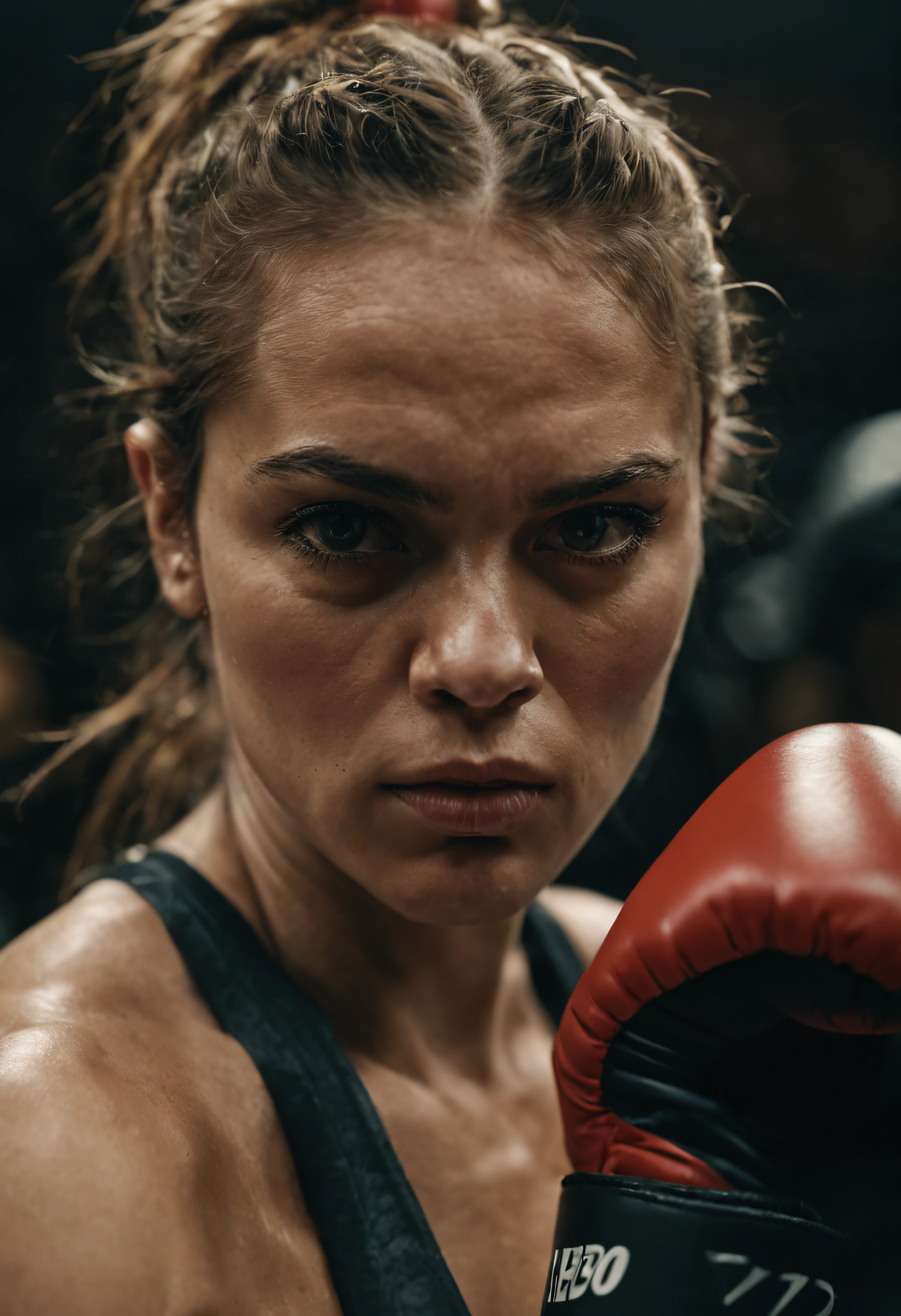 photograph close up portrait of Female boxer training, serious, stoic cinematic 4k epic detailed 4k epic detailed photograph shot on kodak detailed bokeh cinematic hbo dark moody