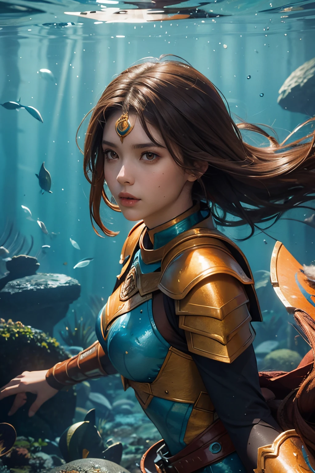 Female warrior underwater,brown hair,brown eye,blue costume,orange armor