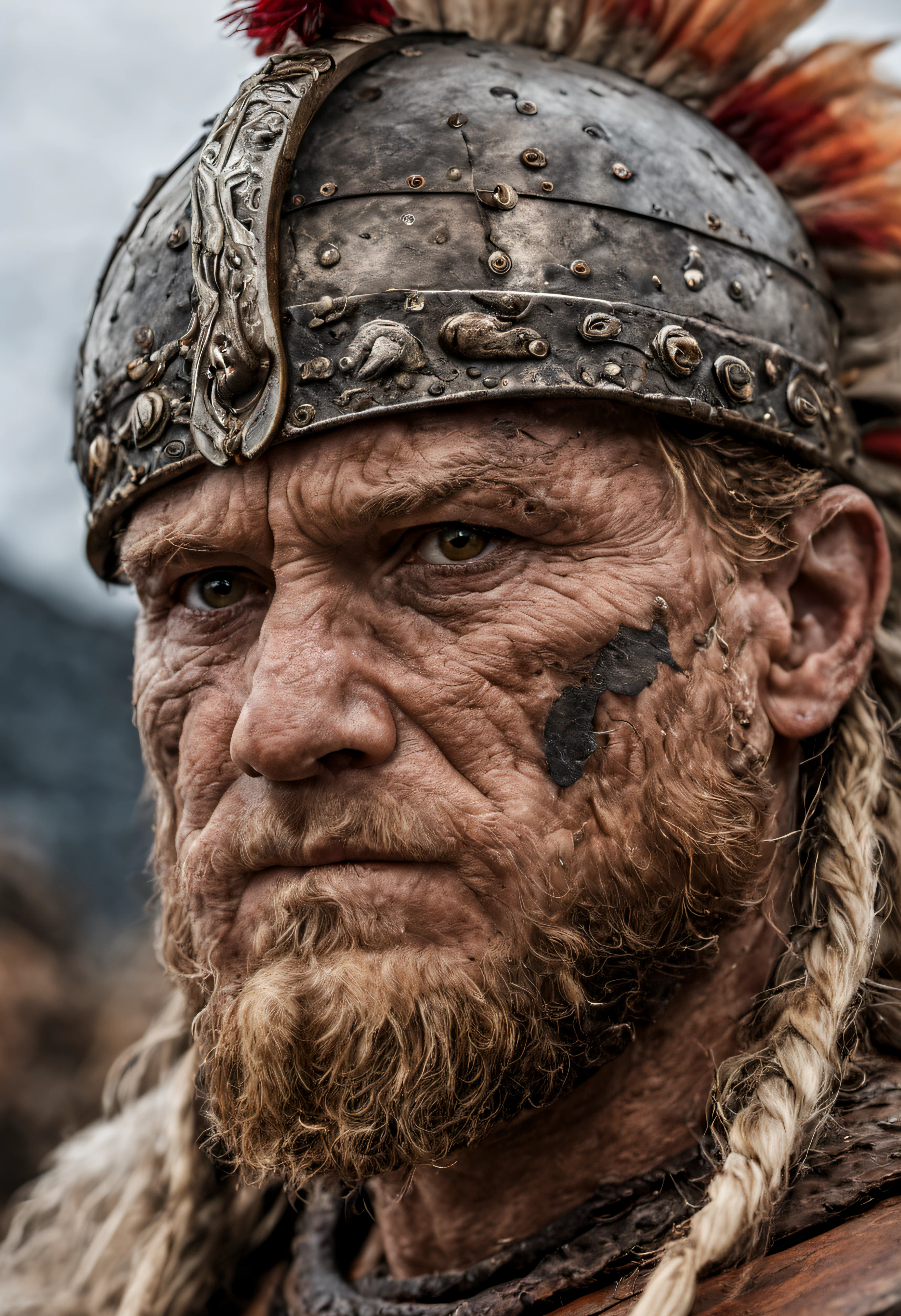 a viking warrior, semi-profile, wrinkled face, bright brown eyes, weathered skin, highly detailed, war paint, war bonnet,