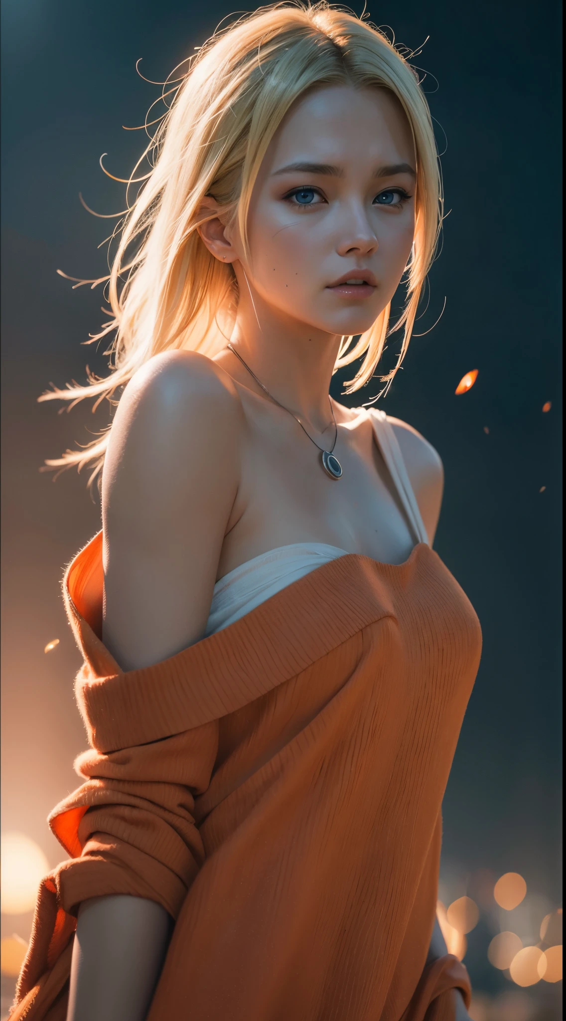 Uchiha Uzumaki Naruto super realistic，detail-rich，super short blonde，（Off-the-shoulder attire：1.3），orange clothes，forehead，one-girl，Large breasts，LOP，face flushed，Best quality at best，tmasterpiece, Johnny Depp walks across the beach amid fireflies at night，lock focus, contrasty lighting, delicate skin, High resolution 8K, insanely details, realistically, professional photoshooting, 8k ultra high definition, SLR camera, gentlesoftlighting, high high quality, filmgrain, 富士XT3，close your mouth，particle effect
