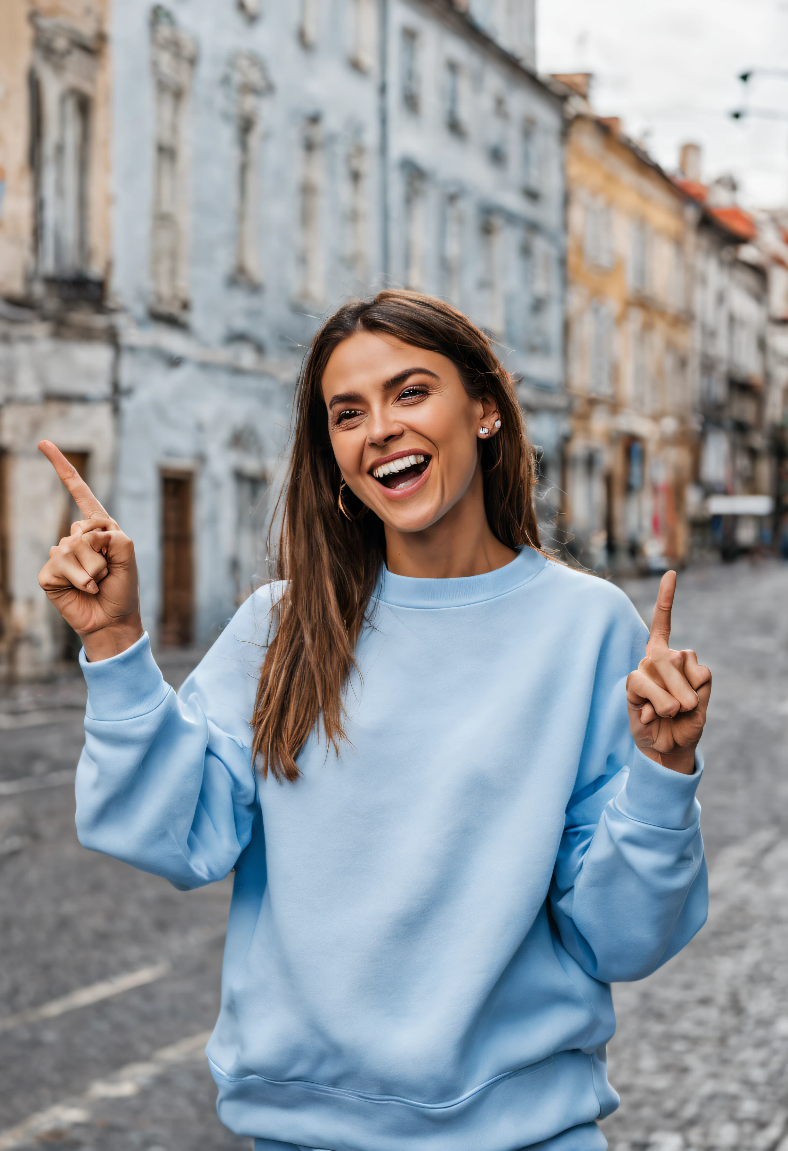 Raw photo, woman, attractive, wearing oversized plain white or blue sweatshirt , pointing and lauging, urban environment, happy, high end, powerful, sexy, look in public street, 4 fingers