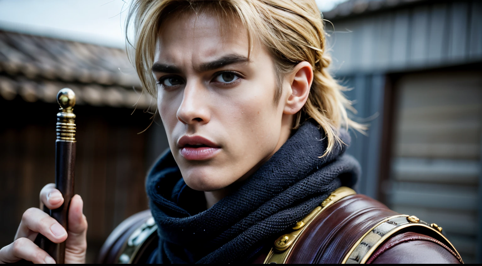 ((diojojo)), finely detailed, dramatic, Post-Apocalyptic, upper body, solo, detailed face, detailed eyes, blond hair,