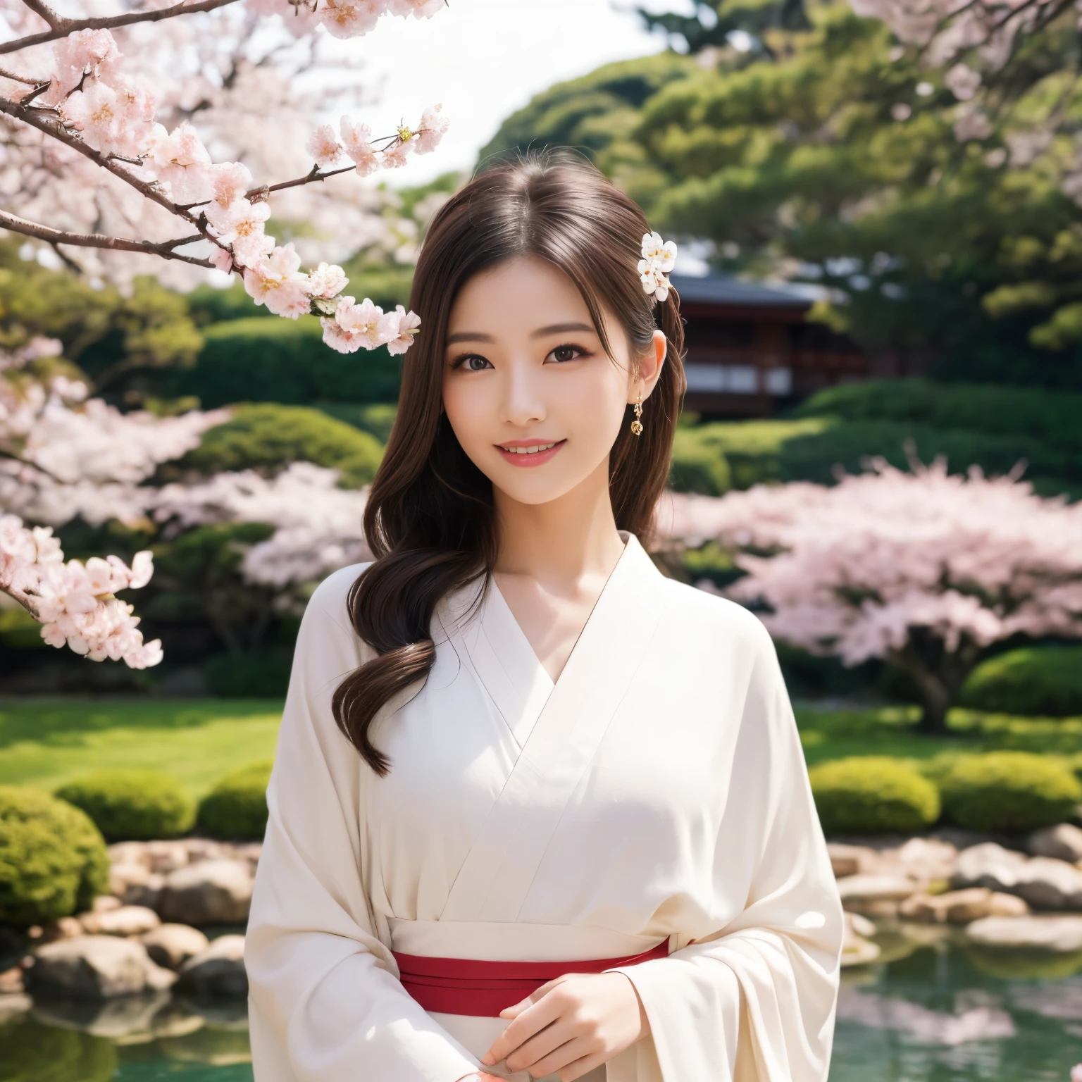 ((top-quality、masutepiece、8K、Top image quality、super-fine))、((1 beauty、A beautiful woman stands gracefully、Photo from the waist of a woman))、very elegant appearance、very luxurious kimono、classy chignon、Perfect makeup、Gorgeous hairpin on your head、Japan garden in the background.、Beautiful garden with gravel、Luxury inn garden、cherry blossom in full bloom、springtime、cherry trees、View of the garden from the inn、The most luxurious and elegant Japanese garden、The most gorgeous Japanese garden in the world、Large pond、She's looking at me、Smile at me、perfect anatomia、A detailed face、Perfect fingers