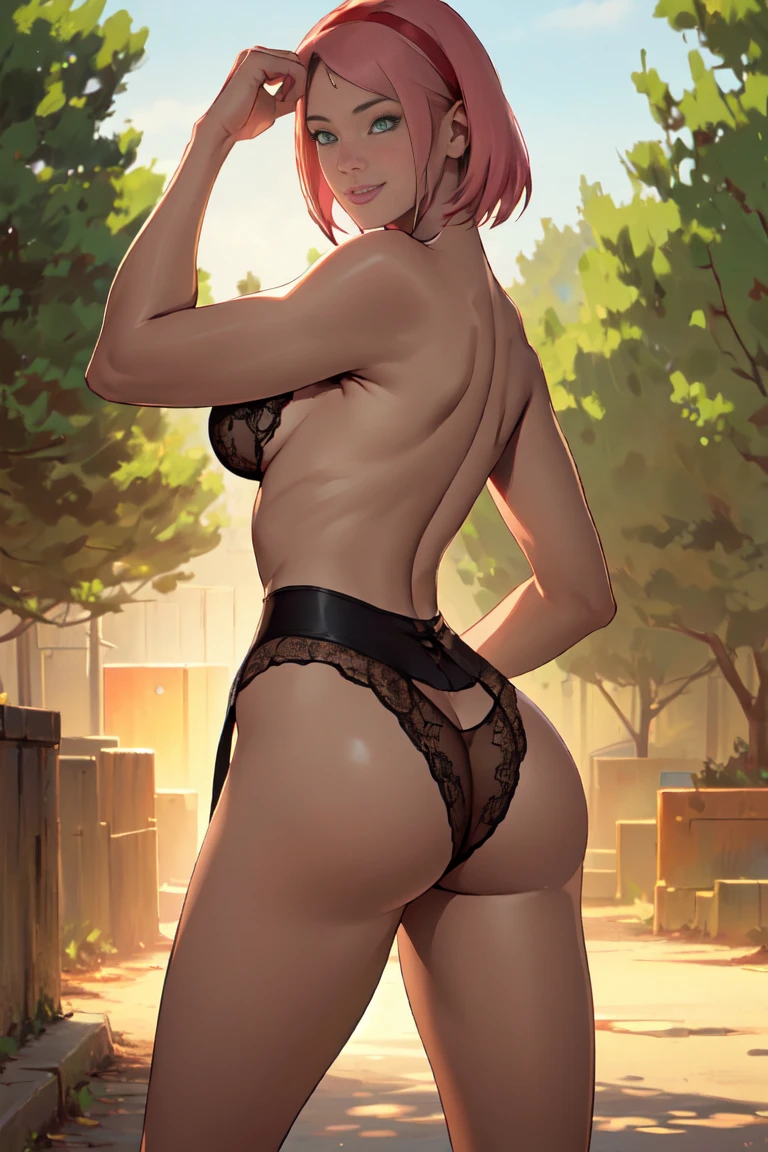 ((Simon Bisley)), ((Best quality)), ((masterpiece)), ((realistic)), ((beautiful female model)), ((from behind)), ((ass focus)) , perfect ass, (lingerie:1.4), (instagram model:1.4), (sexy pose:1.4) - A stunning female lingerie model stands amidst blooming sakura trees, her muscular body exuding confidence and allure, flowing very short hair, The scene is bathed in the warm hues of a vibrant sunset, creating an enchanting ambiance. On eye level, scenic, masterpiece, Thick body,((Sexual suggestiveness))，Seductive smile，high-heels, (naughty smile:1.1), (very wide hips:1.1), (very thin waist:1.3), sex slave, (female:1.1), (very short hair:1.1), detailed lingerie, very detailed lingerie, (very detailed hair:1.1), red haired, green eyes, (huge ass:1.1), (very thin waist:1.1), very wide hips