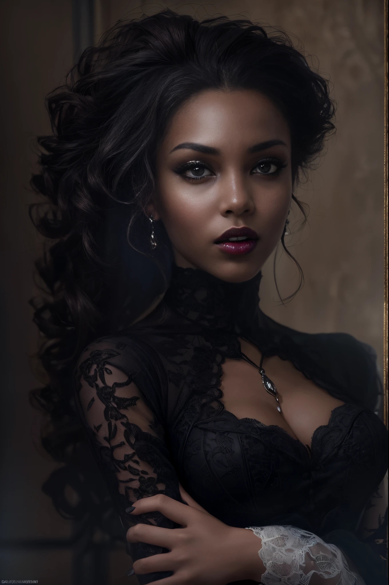 (best quality, 4k, 8k, highres, masterpiece:1.2), ultra-detailed, (realistic,photorealistic,photo-realistic:1.37), gorgeous light skin black woman, vampire, seductive gaze, elegant posture, gothic background, sensual beauty, gothic fashion, black gothic gown, pantyhose, dark colors, moody lighting, full body pose