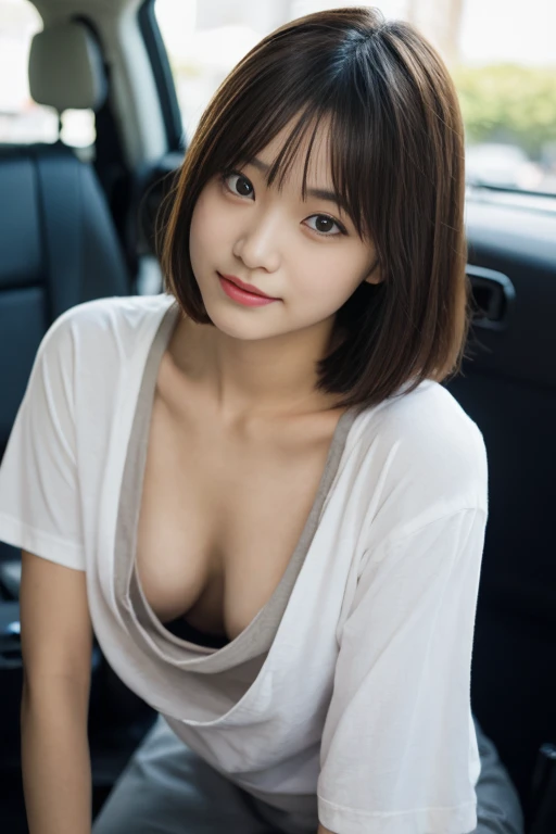 downbrouse、No bangs:1.10、straight flat chest:1.20, (leaning-forward:1.3)、(oversize tshirt、Loose-fitting T-shirt、Low Cut T-Shirt:1.5)、bra very.10, Pink areola is visible:1.20,  A Cup:1.20, Erotic, (top-quality、8K、32K、​masterpiece)、japanes、、Very pretty girl、a beauty girl、crouching down、Bright smile、outside of house、shinny skin、blurry backround、short-cut:1.10、Ear hooks:1.20, A dark-haired:1.10, Upper body close-up、Shot from above　Kiss Face,sad Facial expression,embarassed expression,Alafed Girl, chiho, iwakura lain, closeup Iwakura Lain, With short hair, Shiori Teshirogi, Kotegawa Yui, hime-cut, She is 17 yeaishida with black hair, lain iwakura, girl cute-fine-face, Clear pubic contours,(Small breasts), hight resolution, ighly detailed, top-quality, [​masterpiece:1.6],, ighly detailed, nffsw, finely detail, top-quality, , Cinematographic lighting, 1girl in、17 age、Cute Japan perfect body type、, Cute droopy eyes、Beautiful big eyes、ultra-detailliert、hight resolution、Transcendent beauty　top-quality、​masterpiece、majicMIX Real、(Raw photography:1.2)、(Photorealsitic:1.4)、train、inside of a car、seating、Strap、Kamimei