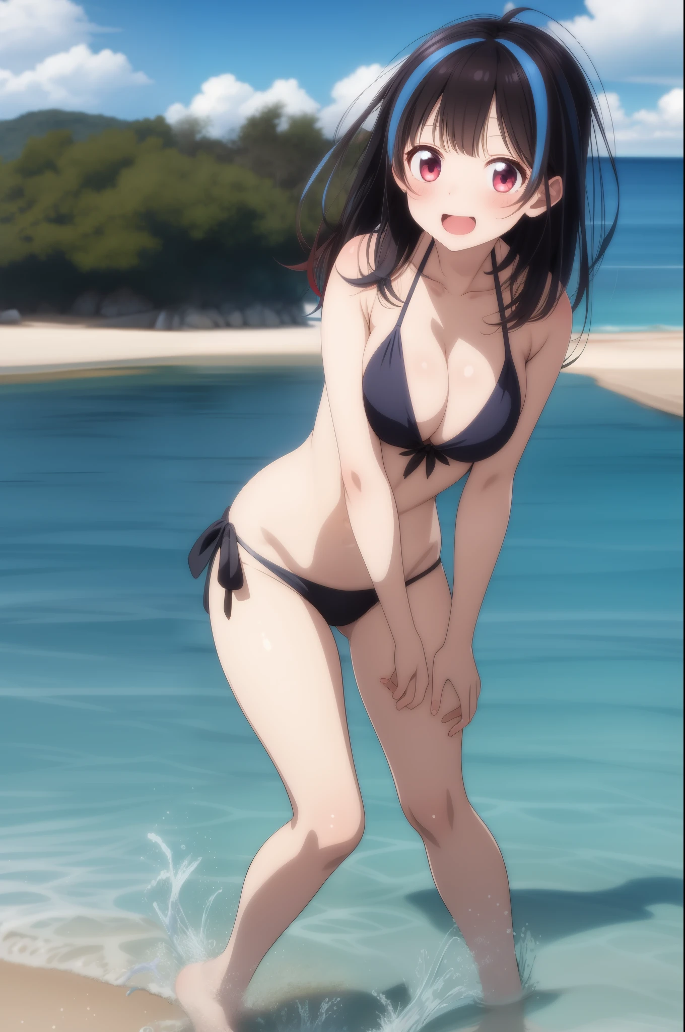 masterpiece, beautiful, best quality, perfect eyes, 1girl, solo, large breasts, light smile, close mouth, mini yaemori, red eyes, black hair, multicolored hair, long black hair, two distinguishing blue streaks, straight cut bangs, standing, bare feet, black bikini, ocean view, ocean background, full body