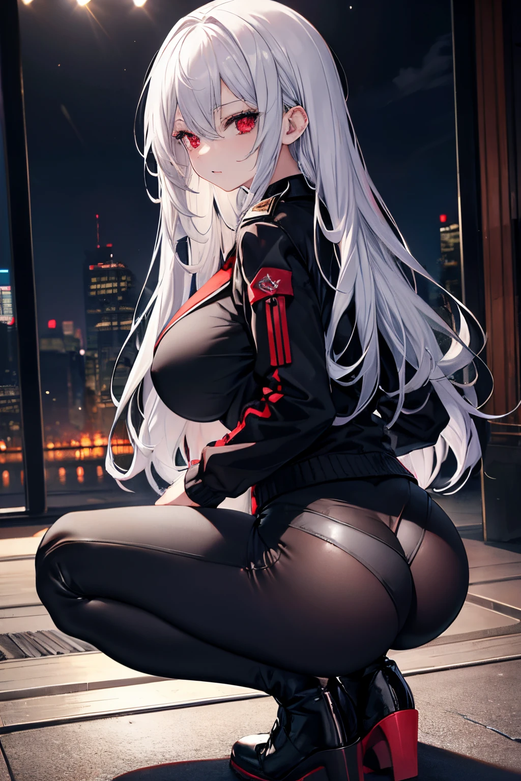 1 girl, silver hair, red eyes, vampire type, adult, black pants, black jacket, big breasts, tight pants, shows ass, squatting