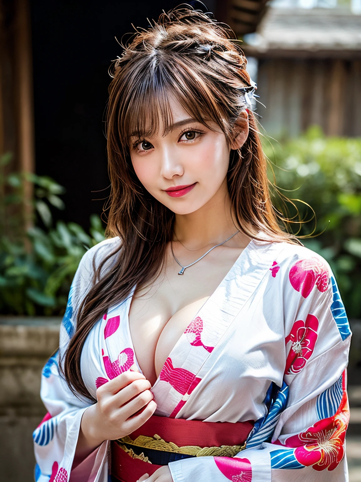 (masutepiece:1.3, Photorealsitic:1.4, 8K), top-quality, masterpiece, 超A high resolution, Perfect dynamic composition, Highly detailed skin and facial texture:1.3, A detailed eye, Detailed limbs, Summer evening,1girl in, Cute sexy 25 year old slim woman, Fair skin, ((Sense of clarity:1.1)), ((Huge chest on the verge of bursting:1.0, Do not show areola, gigantic cleavage:1.15)), (embarrassing smile:0.9, Totally captivates you:0.9), ((Pink long-sleeved yukata:1.3, Only the shoulders are exposed)), (Beautiful blue eyes, Eyes with a sense of beauty with a sense of transparency:0.85), Sexy face:0.4, red blush:1.1, (A mouthfeel that feels beautiful eros:0.85), Professional camera work, Grow Light Effect, ((sideshot)), ((Too erotic:0.9)), Silver necklace