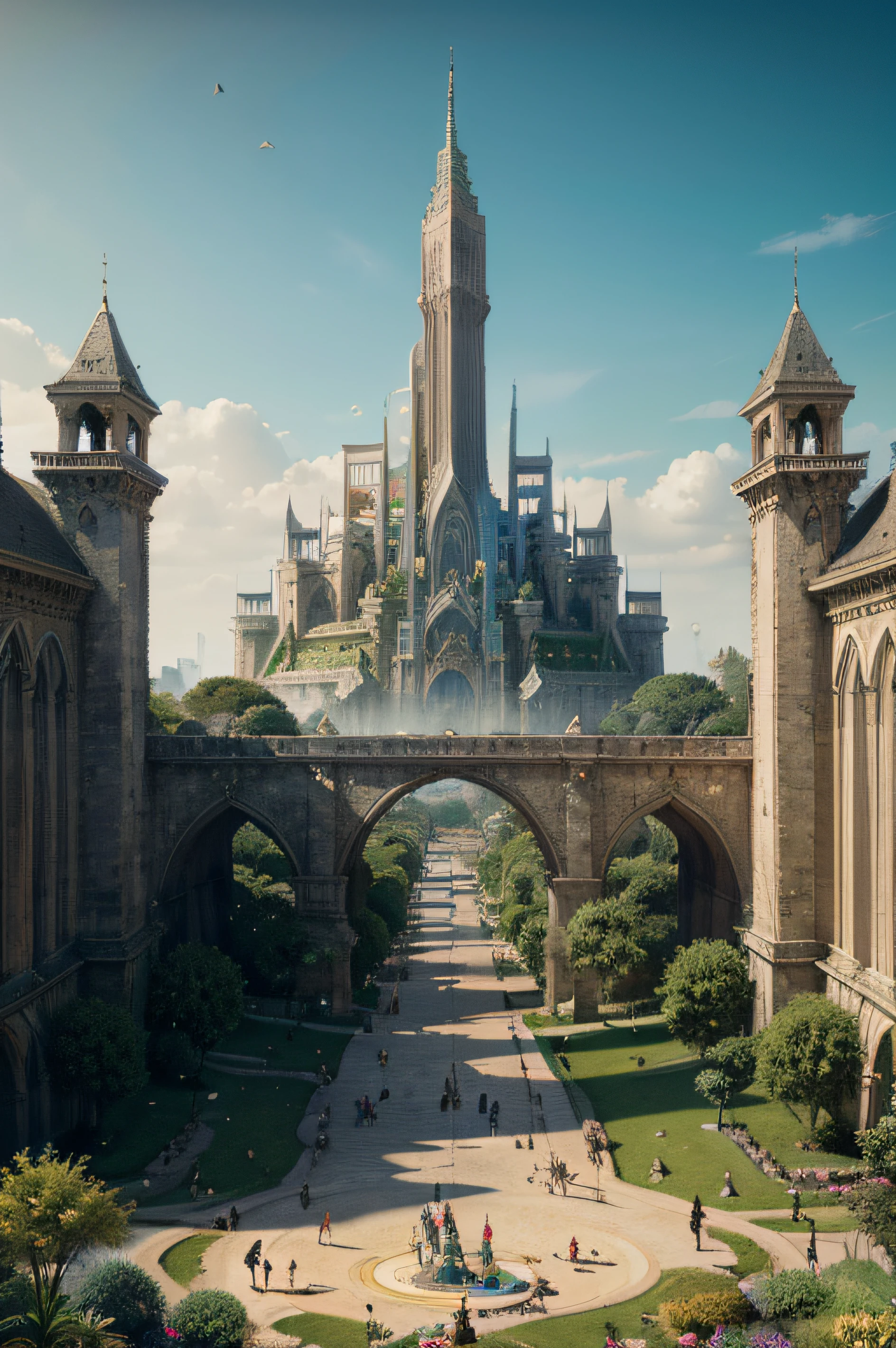 grande templo bizantino branco fortificado, cidade plana, arquitetura fantastica, luxurious constructions, utopian world, paisagem fantastica, cidade de fantasia, cidade medieval, florestas ao fundo, alto contraste de cores, cores vibrantes, alto contraste luz e sombra, cidade do sol, luz solar, sombras densas, arte digital, grafico de jogos, detailed fantasy art illustration, arquitetura de fantasia, arte digital de fantasia detalhada, arte de fantasia altamente detalhada, alta fantasia, pintura de fantasia fosca detalhada, detailed fantasy illustration, arte de fantasia digital detalhada 2D, arte de fantasia medieval, epic city with tall spiers, arte de fantasia 4k, Symmetrical Epic Fantasy Art, high fantasy illustration