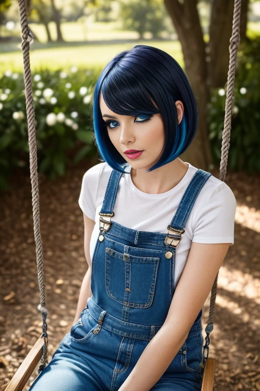 Petite 30 year old woman with golden black and blue hair in a short undercut bob with fringe completely covering one eye and striking blue eyes wearing eye liner, pink lips, wearing a dungaree, detailed face, sitting on a swing outside