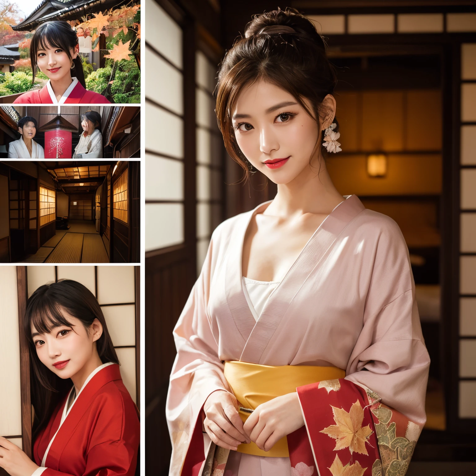 ((top-quality、masutepiece、8K、Top image quality、Very complex and detailed details))、1 female、Luxurious flower kimono、花魁'Furisode、Accurate Flower Kui Kimono、The background is the garden of a luxury hot spring inn...、Smile at the camera、Photo from the waist up、((Red autumn leaves、Autumn foliage))、Japanese garden、(hot onsen)、1 lantern、(Corridor of the inn、Japanese-style ryokan)、Midnight、murky、red lipsticks、long eyelashes、Perfect makeup、a dark night、naked and wearing only a kimono、A detailed face