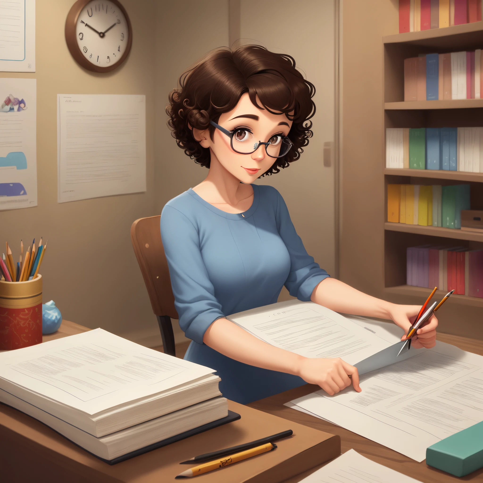 Disney style cartoon character of a woman in her 40s with glasses and short curly hair with scissors in her hand cutting paper and in the background shelves with papers and pencils