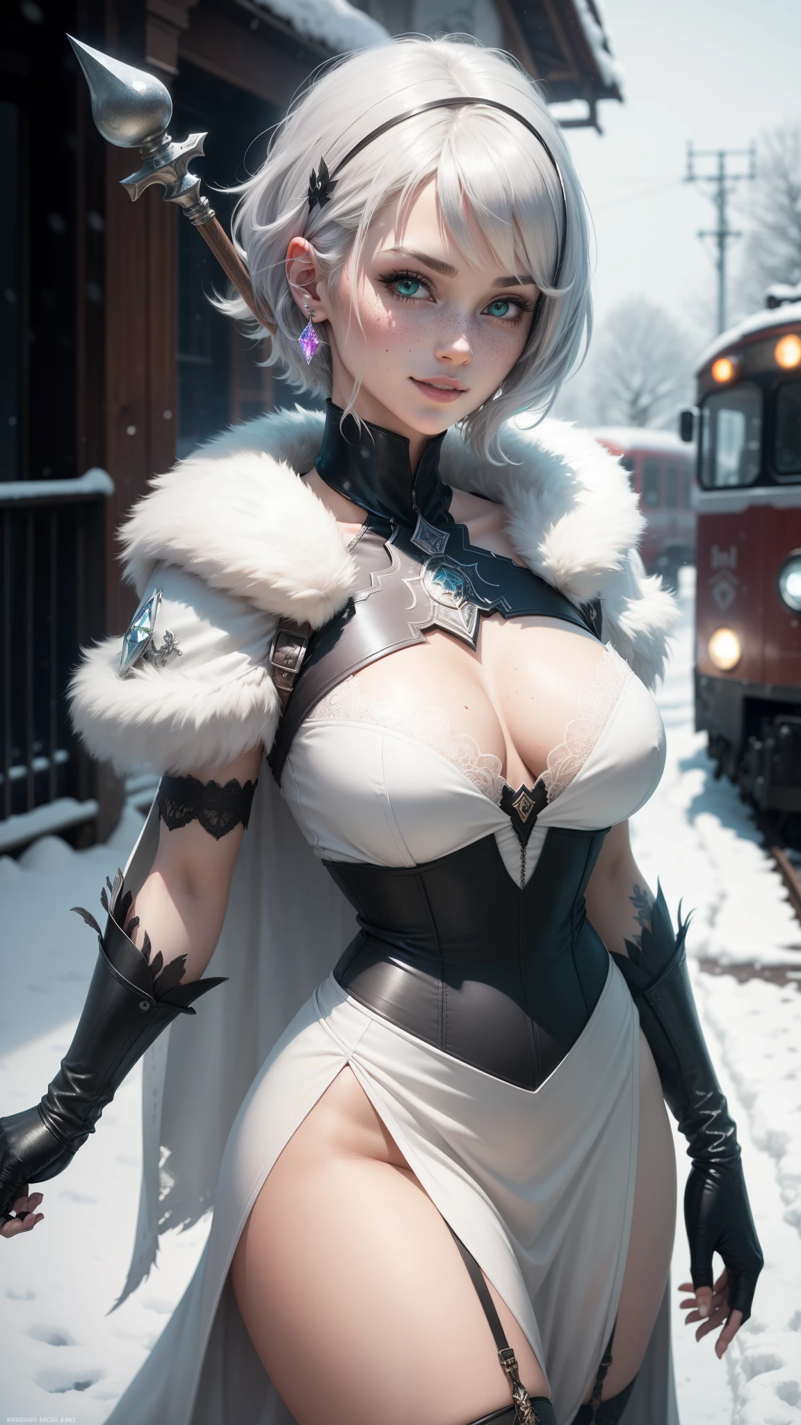 gwen tennyson,tracer,y'shtola rhul,yorha 2b,rebecca chambers,frozen,nier automata,atelier ryza,close up,winter castle,tattoos,ice plugsuit,white short sleeve crystal top,silver embroidery long white crystal gown dress,silver embroidery corset,garter belt, short hair,princess makeup,green glowing eyes,multicolored silver hair,sexy smile,freckles,beautiful girl,large breasts,8k,ultra detailed,realistic,fantasy art,crystal armor,feathered armor,winter queen outfit,long dress train,crystal crown,ear piercings,crystal hand and neck jewelry,walking,crystal scepter,(weather:snowing)