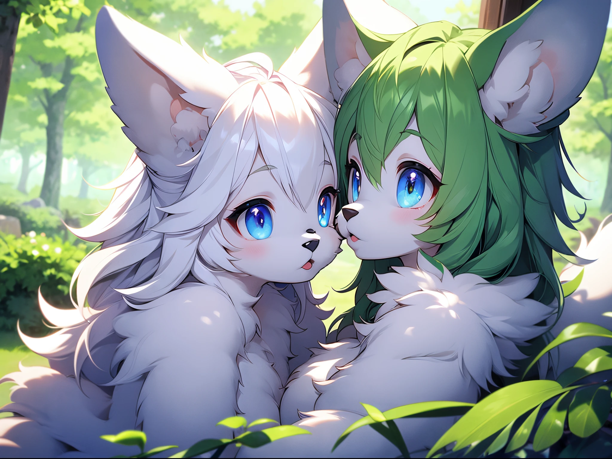 female furry,green hair,white fur,leopard ears,leopard tail,smile,nude,small breast,blush,forest,shiny skin