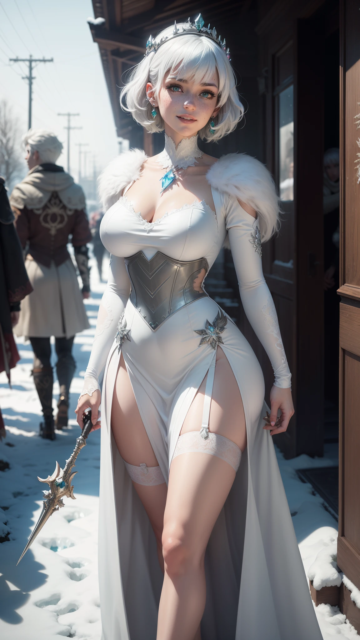 gwen tennyson,tracer,y'shtola rhul,yorha 2b,rebecca chambers,frozen,nier automata,atelier ryza,close up,winter castle,tattoos,ice plugsuit,white short sleeve crystal top,silver embroidery long white crystal gown dress,silver embroidery corset,garter belt, short hair,princess makeup,green glowing eyes,multicolored silver hair,sexy smile,freckles,beautiful girl,large breasts,8k,ultra detailed,realistic,fantasy art,crystal armor,feathered armor,winter queen outfit,long dress train,crystal crown,ear piercings,crystal hand and neck jewelry,walking,crystal scepter,(weather:snowing)