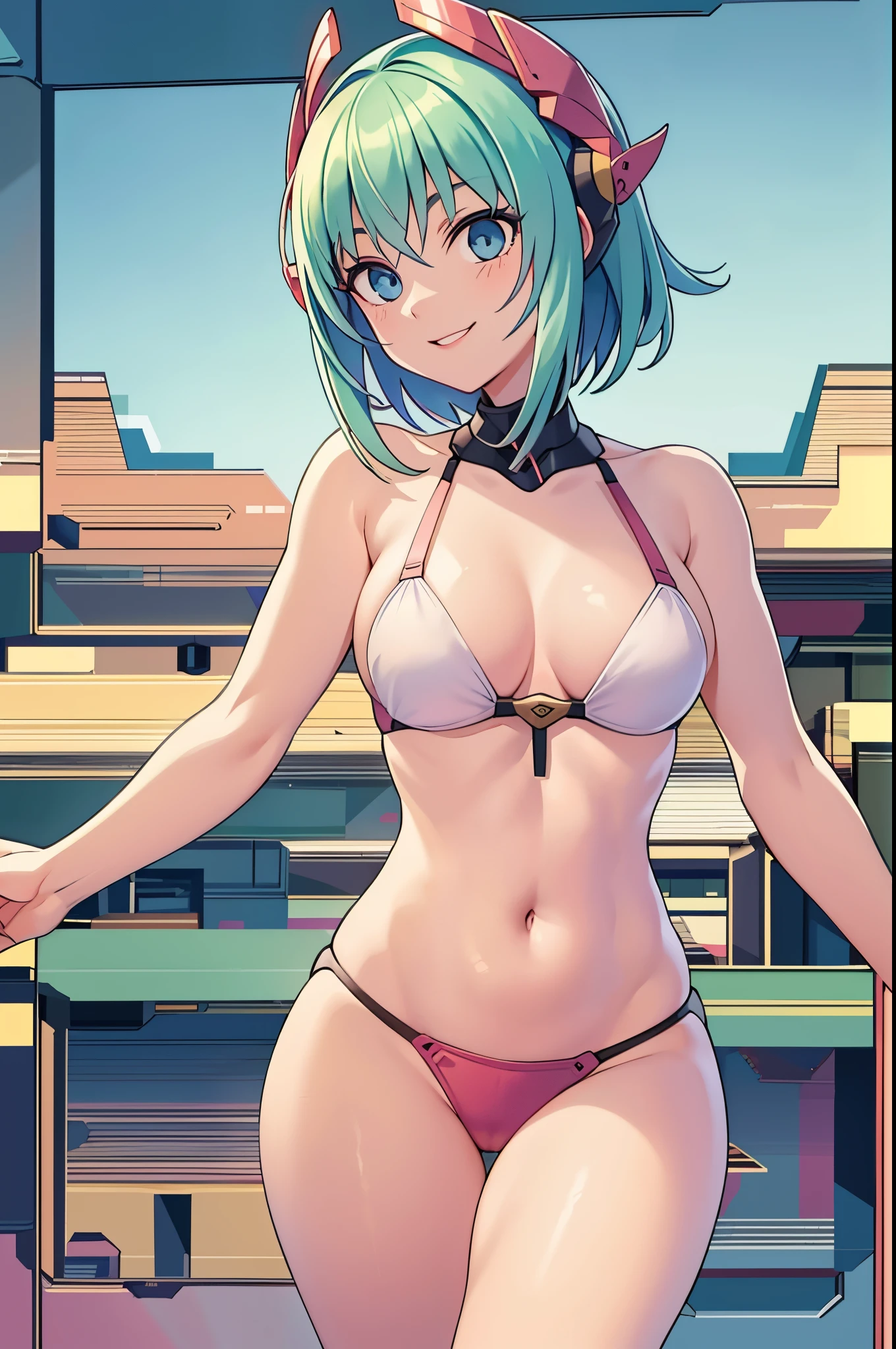 1girl, (best quality,4k,8k,highres,masterpiece:1.2),ultra-detailed,realistic,beautiful detailed eyes,beautiful detailed lips,extremely detailed eyes and face,longeyelashes, dark pink bikini,green hair, short hair,big eyes, blue eyes,red mecha headgear,small breasts,smiling,hotel room,sharp focus,vivid colors, full body in frame