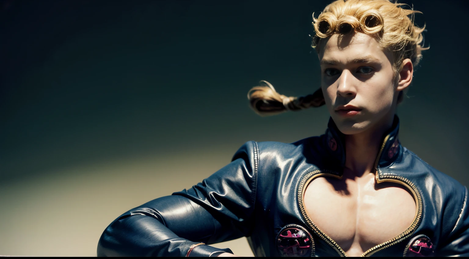 Giorno Giovanna, solo, green eyes, blonde hair, 1boy, braid, male focus, clothing cutout, cleavage cutout, pectorals, pink suit, cowboy shot, upper body