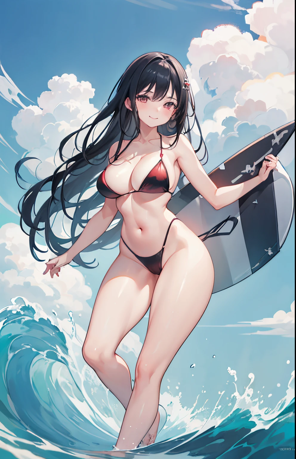 (Best quality:1.3) (wallpaper, 8k), 1 woman, , black hair, pale skin, red bikini, smiling, dinamic pose, surfing, fullbody double eyelids, big breasts, cleavage, very thick waist, thick butt, tropical, salpicando agua