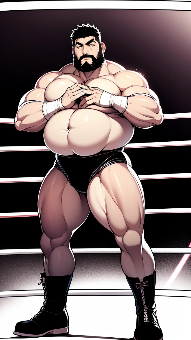 the only person，male people，Muscle wrestler，musculous，Stout wrestler，Asian people，jpn，Uncles，60-year-old middle-aged man，Short hair details，Short hair details，Wrestling boots，Full body like，Panorama characters，WWE ring，WWE American professional wrestling，spotlight lights，cellshading，visions，pantiess，fatness，age 55，,Middle age，tattoo is，Fingerless gloves，Wheat-colored skin，oilly skin，Dark skin，Show off your chest muscles，Sumo wrestler，body builder，Wide sideburns，Pronounced abs，ssmile，beard is gray，White hair，（Full body like：3），Hands are very thin，delicated face