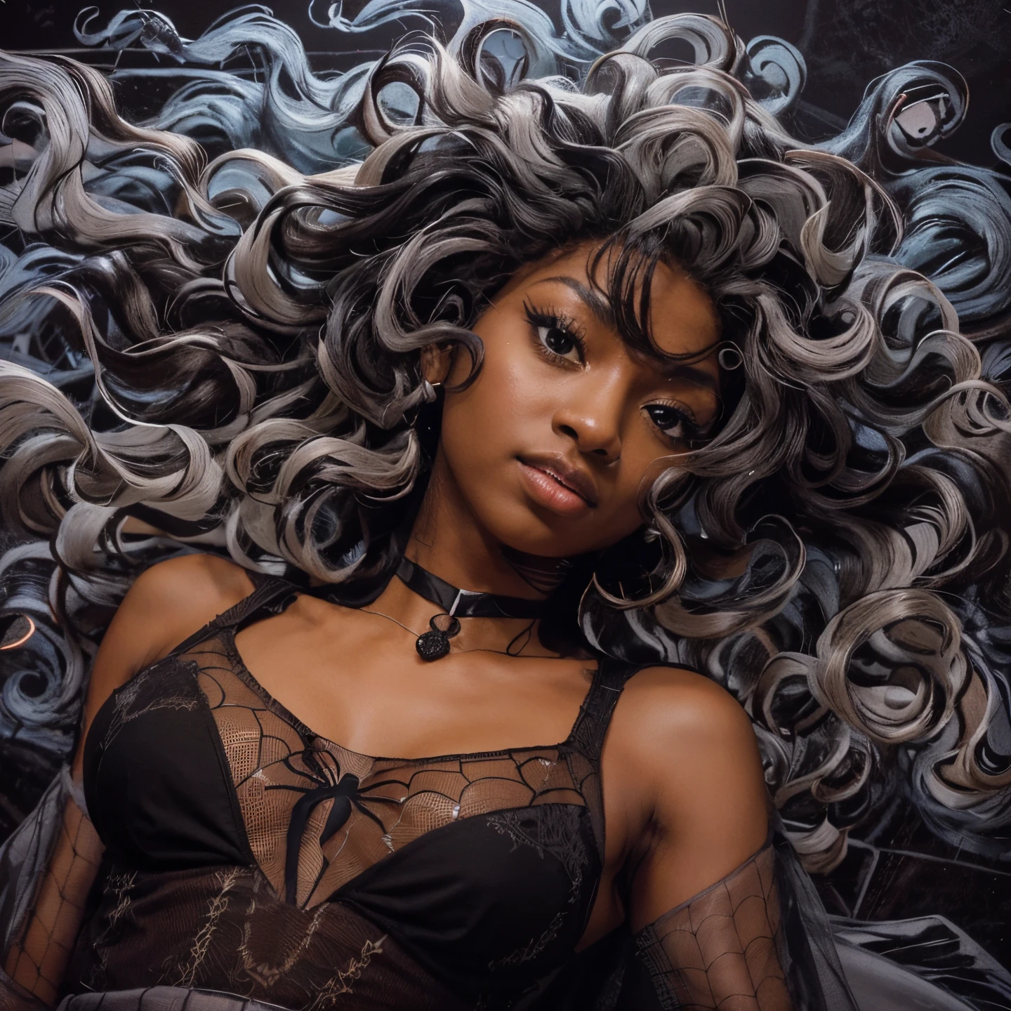 foto da cintura, altamente detalhada, of a black girl with a calm and gentle expression, usa uma roupa preta e branca, stylized as spider web patterns, decote, (homem aranha veneno) , on a dark, dynamic anime-style background with contrasting colors and sharp lighting