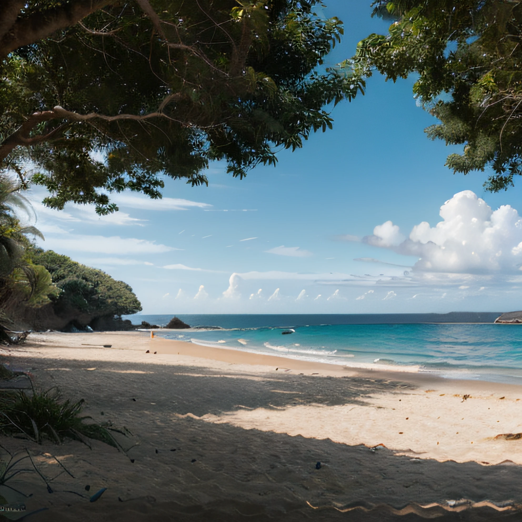 "Please create an image of maximum quality, with advanced levels of detail and cinematic style, depicting a stunning seascape that unites the serenity of a paradise beach and the exuberance of an enchanting forest. The focus of the image should be on the smooth transition between the beach area and the forest vegetation, with an emphasis on sea thighs, crystal blue waters, dazzling skies and a bright sun. Make sure that the beach is portrayed with details that convey the softness of the sand, the transparency of the waters and the gentle waves.
- Highlight characteristic elements, such as shells in the sand and sea thighs.
Use cinematographic techniques to create a smooth transition from the beach to the forest, highlighting the green density of the vegetation.
- Explore the textures of the trees, foliage and the feeling of depth in the forest.
- Highlight the crystal blue waters, ensuring a realistic and inviting representation.
- Highlight the thighs of the sea in the beach area, creating a visual effect reminiscent of the natural beauty of marine life.
Use techniques to create a stunning sky, with shades of blue and white.
- Make sure the sun is shining brightly on the scene, emitting a soft light that illuminates the landscape in a captivating way.
The quality of the image must be exceptional, allowing you to see minute details, from the textures of the sand to the nuances of light in the trees of the forest. Make sure you create an image that conveys the unique harmony between the beach and the forest, with maximum quality and advanced levels of detail."