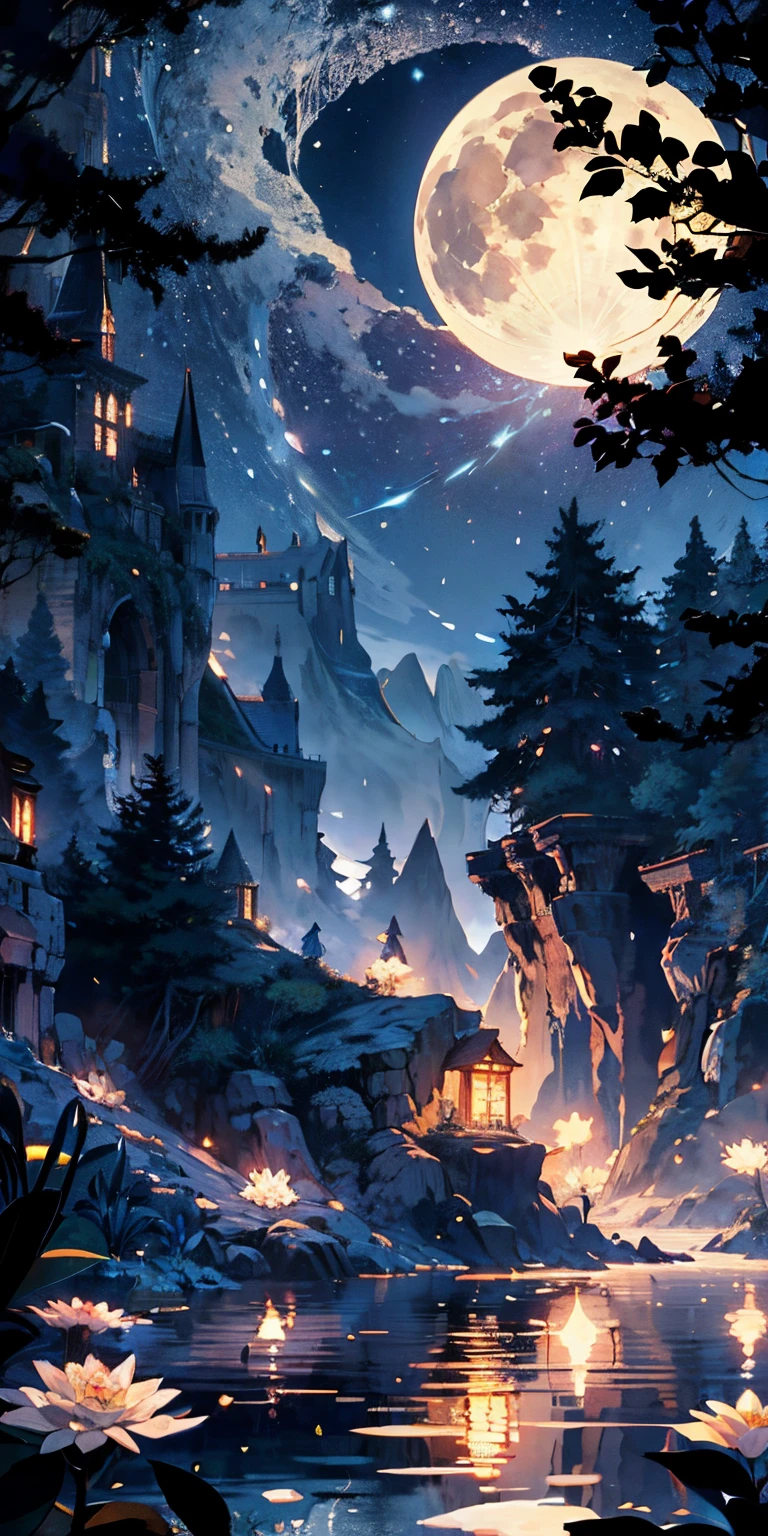 tmasterpiece, beste-Qualit, (Very detailed CG unity 8k wallpaper), (beste-Qualit), (the best illustration), (best shadows), glow sprite, (Without people:1.5), Lack of people,Night Landscape, Round Lake, It is surrounded by a forest wall of trees, (Lake, Shining with moonlight: 1.3), The sky, Full of stars, (The moon hovered over the lake:1.4), (Shining threads of moonlight descend into the lake: 1.5), (A beautiful flower rises from the center of the lake:1.4 ), (Crystal flower:1.5), (Crystal petals shimmer in the moonlight:1.5), Multi-colored sparks swirl around the flower, Fantasy, Intricate, elegant, Highly detailed, Digital Painting, Artstation, Concept art, Matte, Clear Focus, illustartion. Very High Definition, Masterpiece, Amazing, Trendy ArtStation, 8K, UHd, high detail, Very high detail, Masterpiece, (particle fx) etc. D...........3d , Octane ренDеринг, ray traced, superdetail