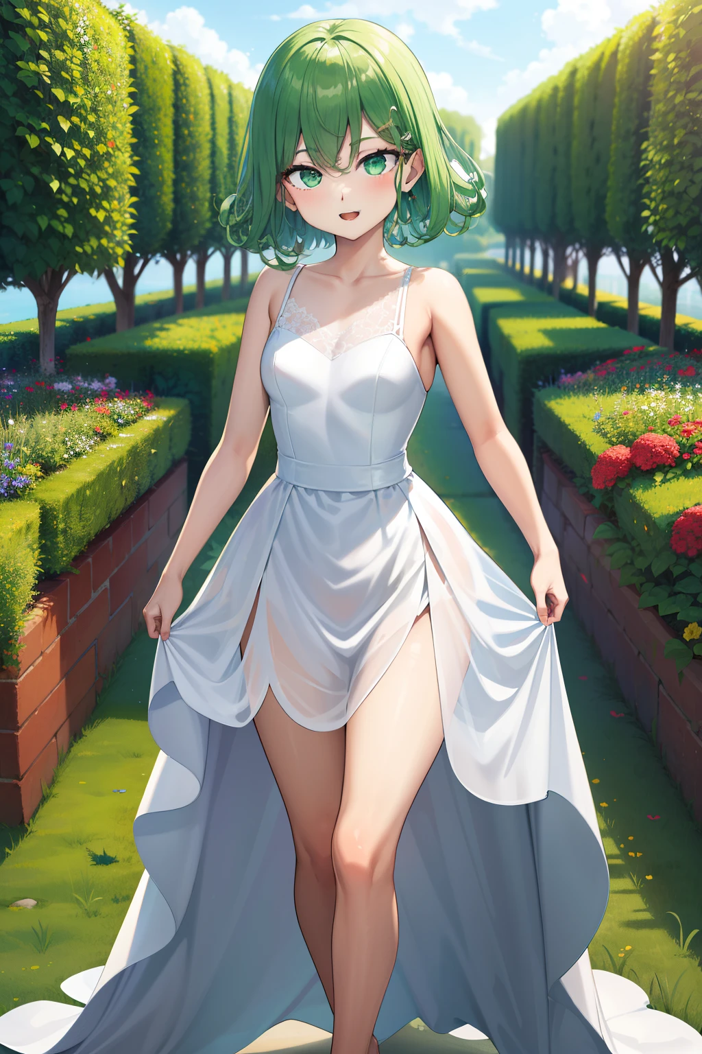 masterpiece, best quality, highres, aarurutie,1girl, wedding dress, white dress, standing, garden, smile, open mouth, short green hair, curly hair, ,