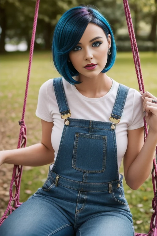 Petite 30 year old woman with golden black and blue hair in a short undercut bob with hair covering one eye and blue eyes wearing eye liner, pink lips, wearing a dungaree, detailed face, sitting on a swing outside