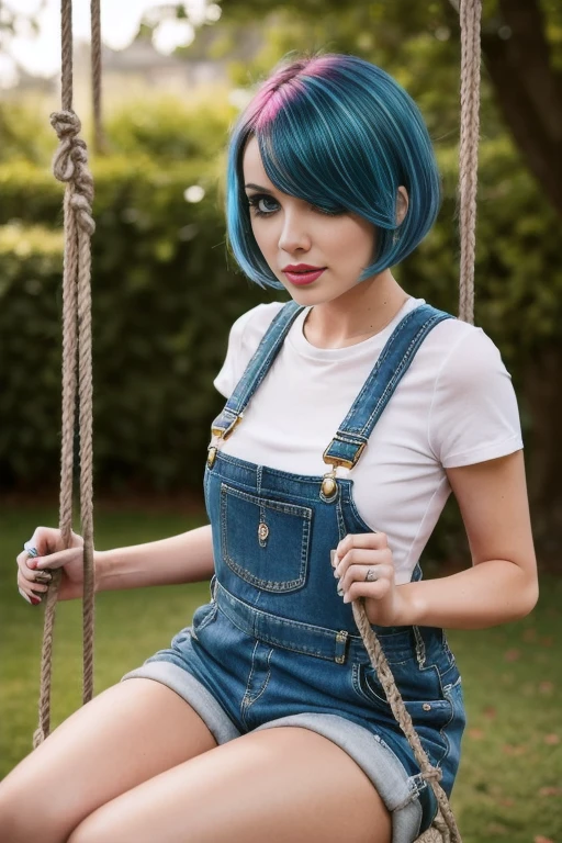 Petite 30 year old woman with golden black and blue hair in a short undercut bob with hair covering one eye and blue eyes wearing eye liner, pink lips, wearing a dungaree, detailed face, sitting on a swing outside