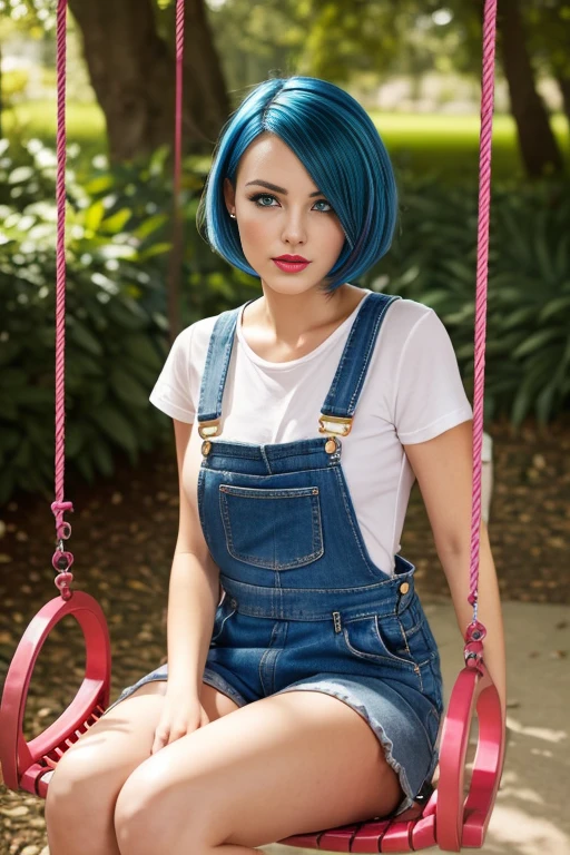 Petite 30 year old woman with golden black and blue hair in a short undercut bob with hair covering one eye and blue eyes wearing eye liner, pink lips, wearing a dungaree, detailed face, sitting on a swing outside